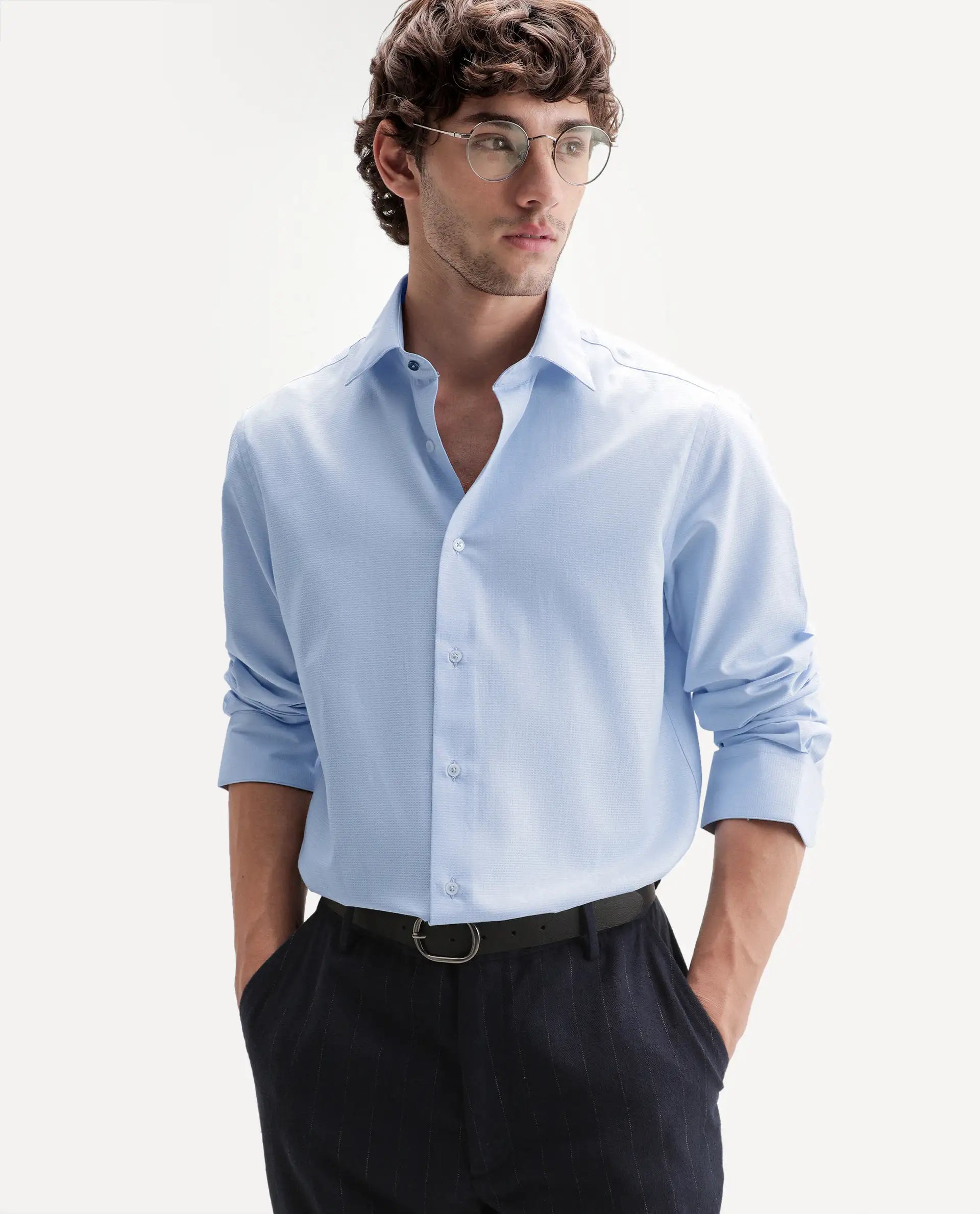 Rare Rabbit Men's Axyon Light Blue Polyester Blend Spread Collar Button Regular Checked Shirt