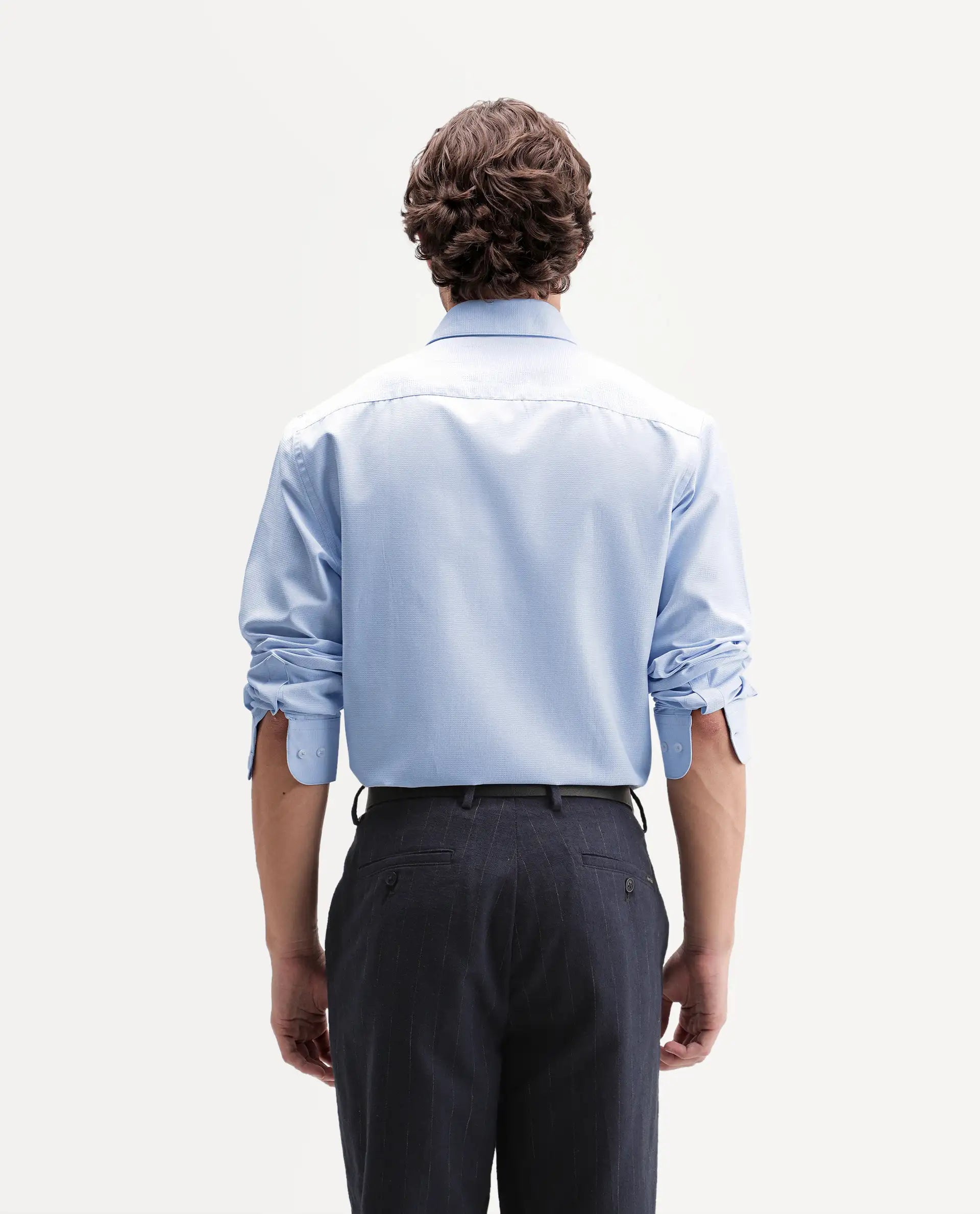 Rare Rabbit Men's Axyon Light Blue Polyester Blend Spread Collar Button Regular Checked Shirt