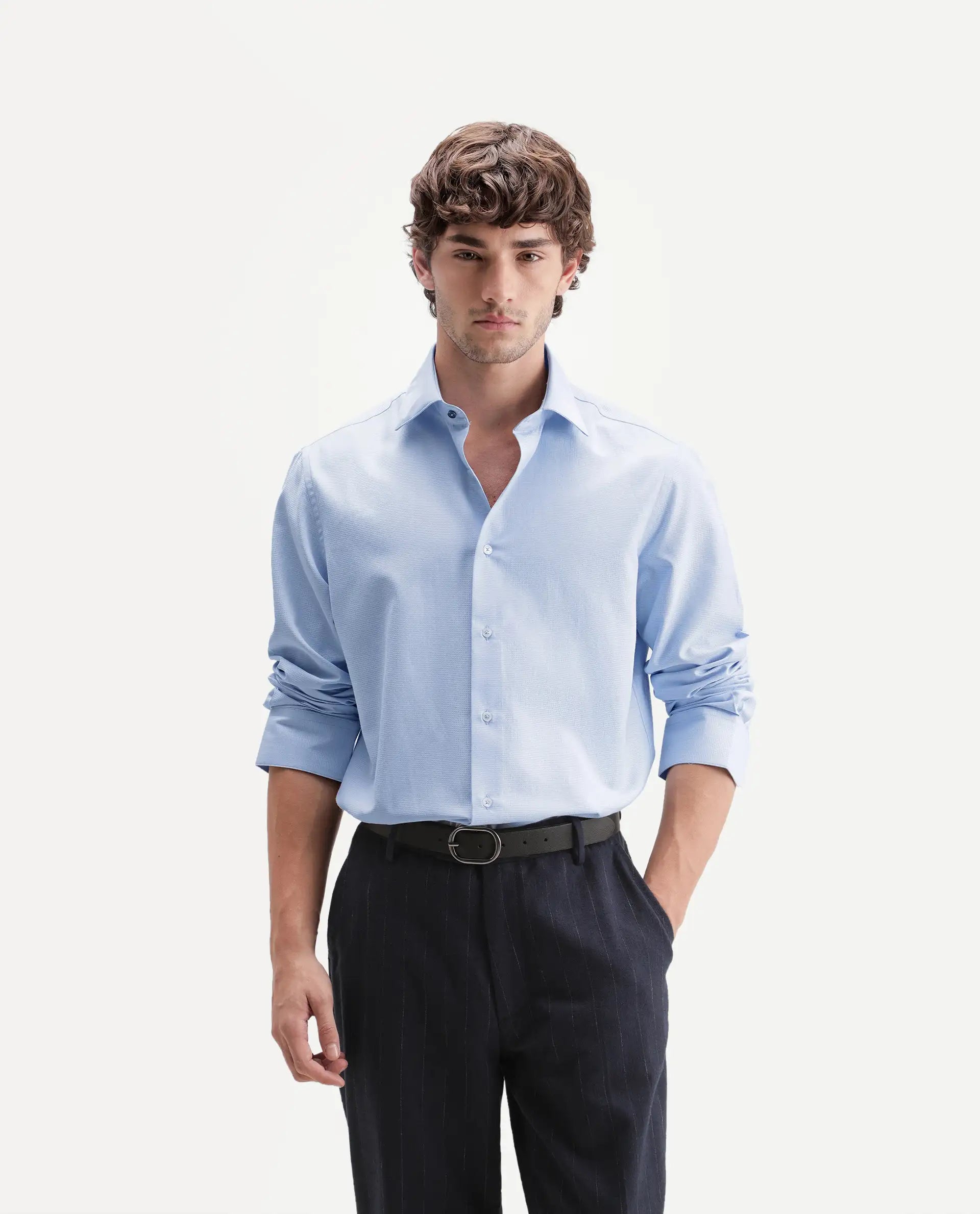 Rare Rabbit Men's Axyon Light Blue Polyester Blend Spread Collar Button Regular Checked Shirt