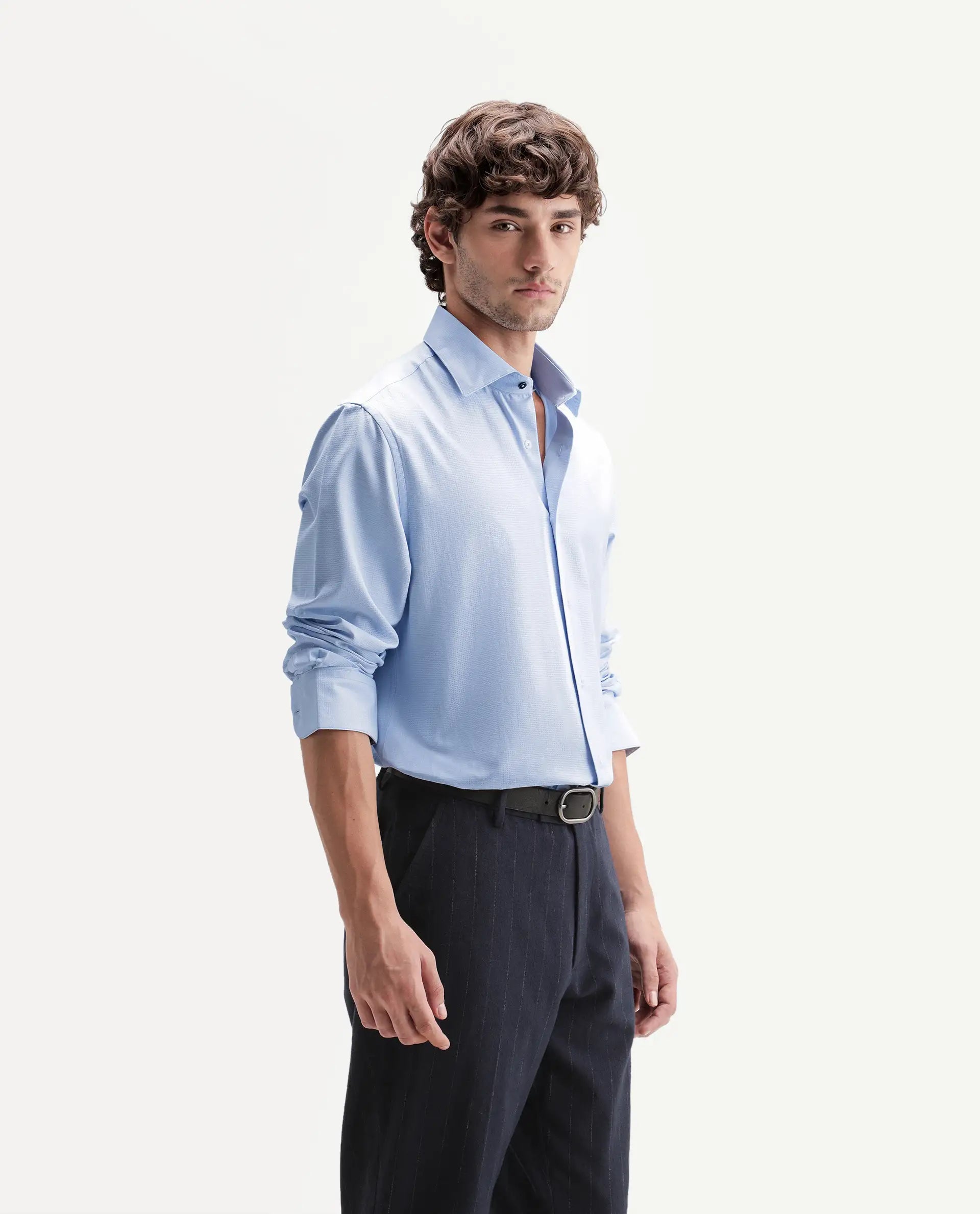 Rare Rabbit Men's Axyon Light Blue Polyester Blend Spread Collar Button Regular Checked Shirt