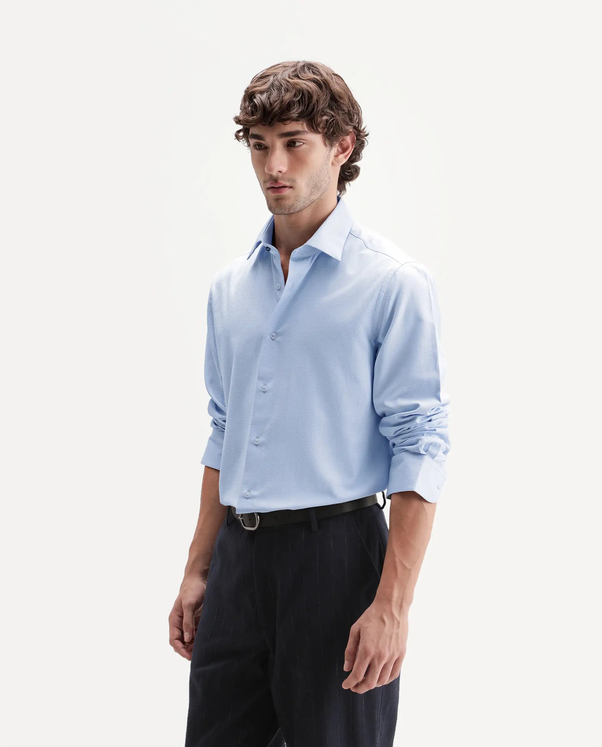Rare Rabbit Men's Axyon Light Blue Polyester Blend Spread Collar Button Regular Checked Shirt