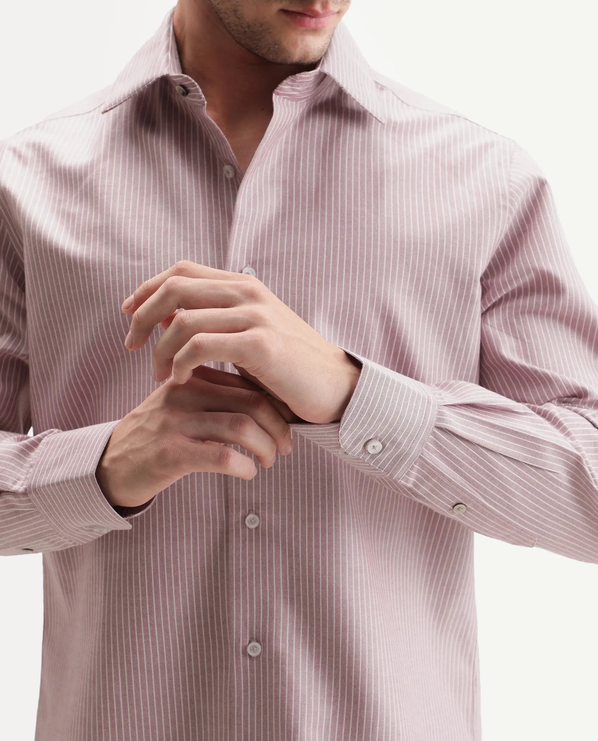 Rare Rabbit Men's Evaro Dusky Red Cotton Blend Spread Collar Button Regular Striped Shirt