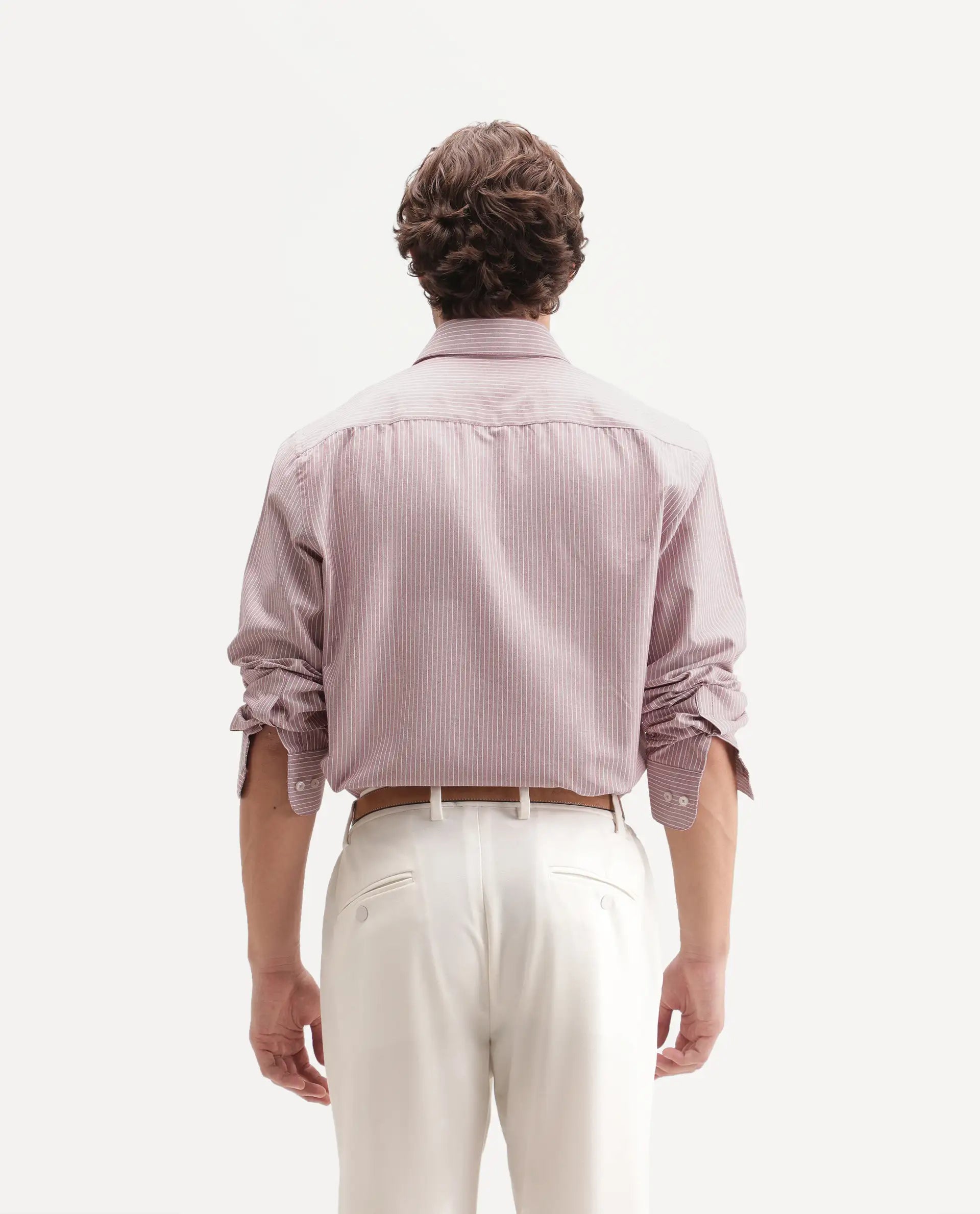 Rare Rabbit Men's Evaro Dusky Red Cotton Blend Spread Collar Button Regular Striped Shirt