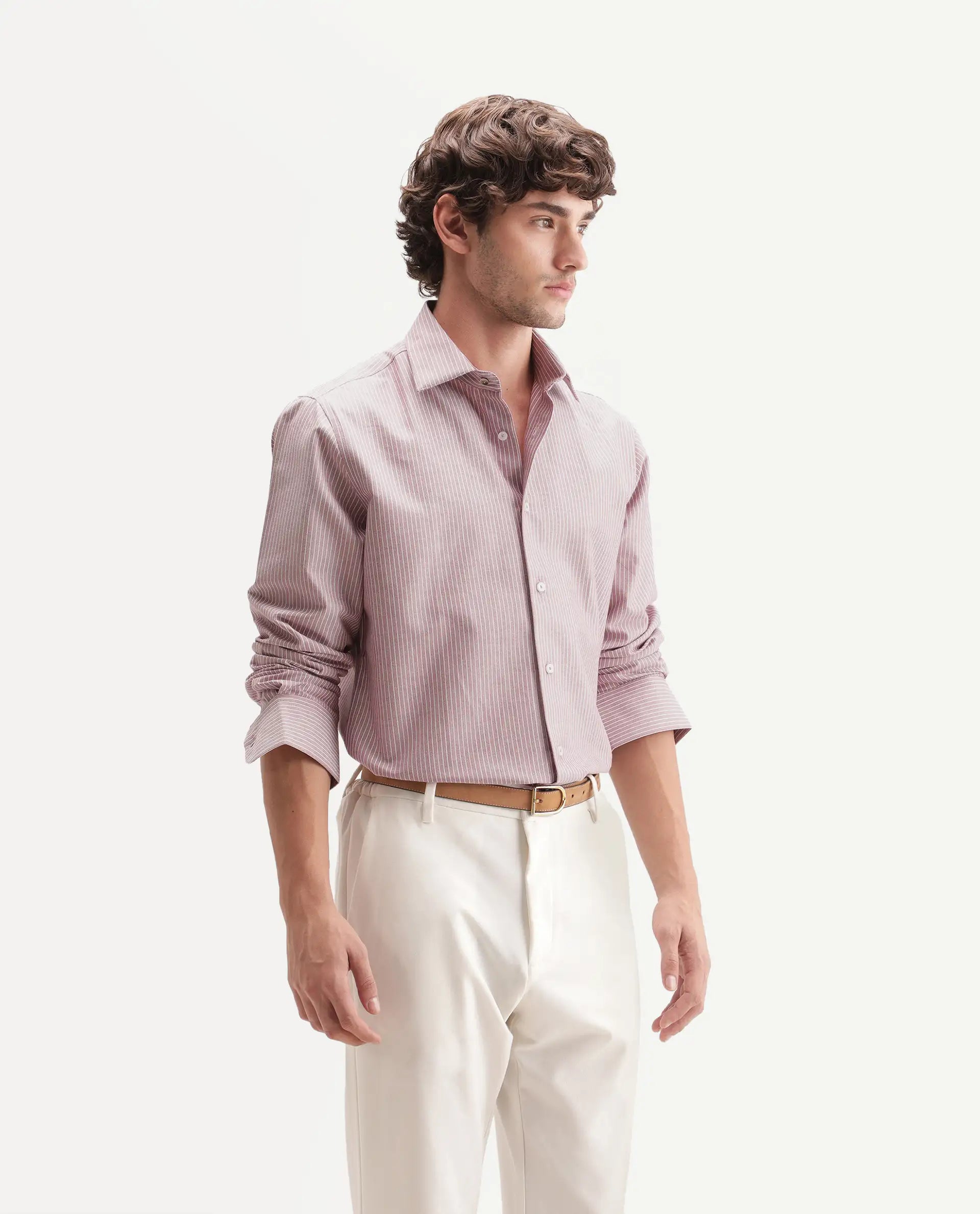 Rare Rabbit Men's Evaro Dusky Red Cotton Blend Spread Collar Button Regular Striped Shirt
