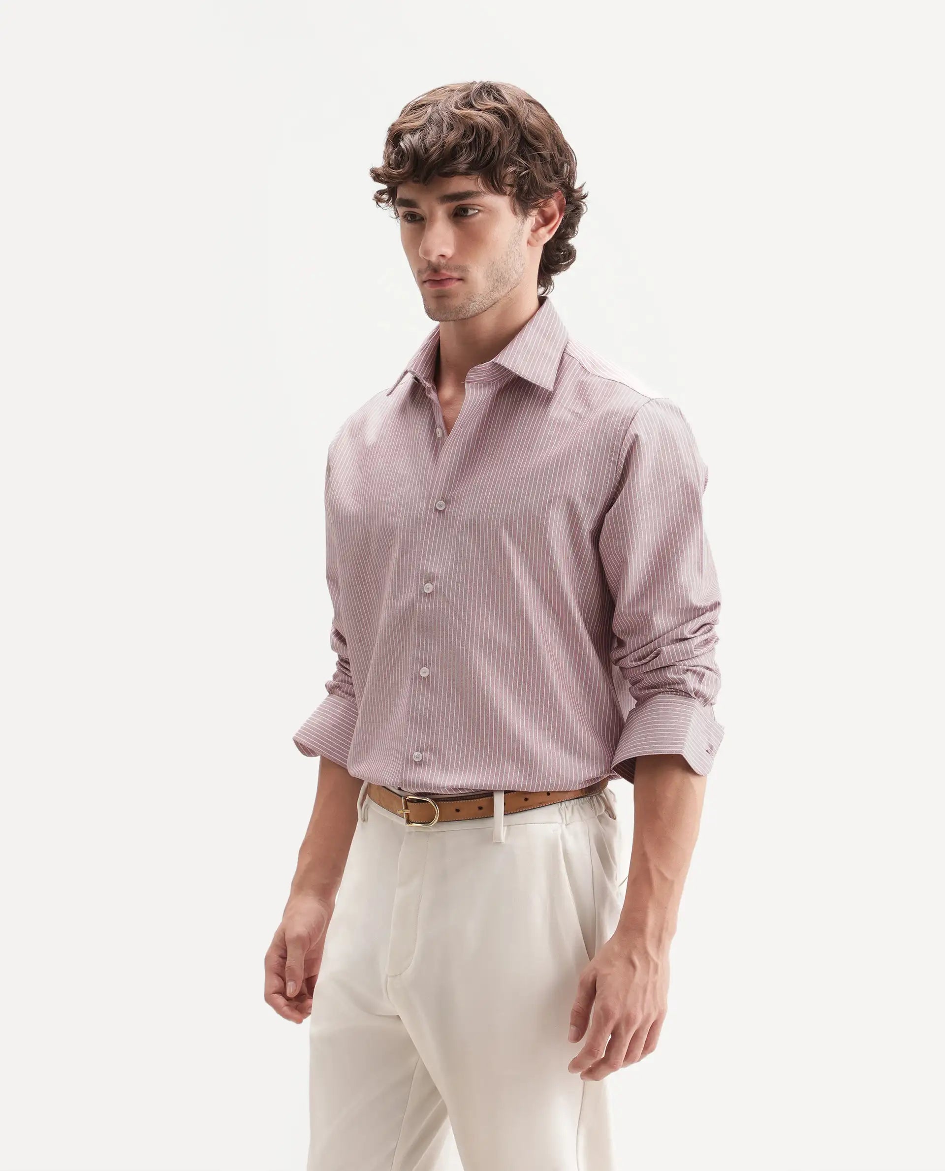 Rare Rabbit Men's Evaro Dusky Red Cotton Blend Spread Collar Button Regular Striped Shirt