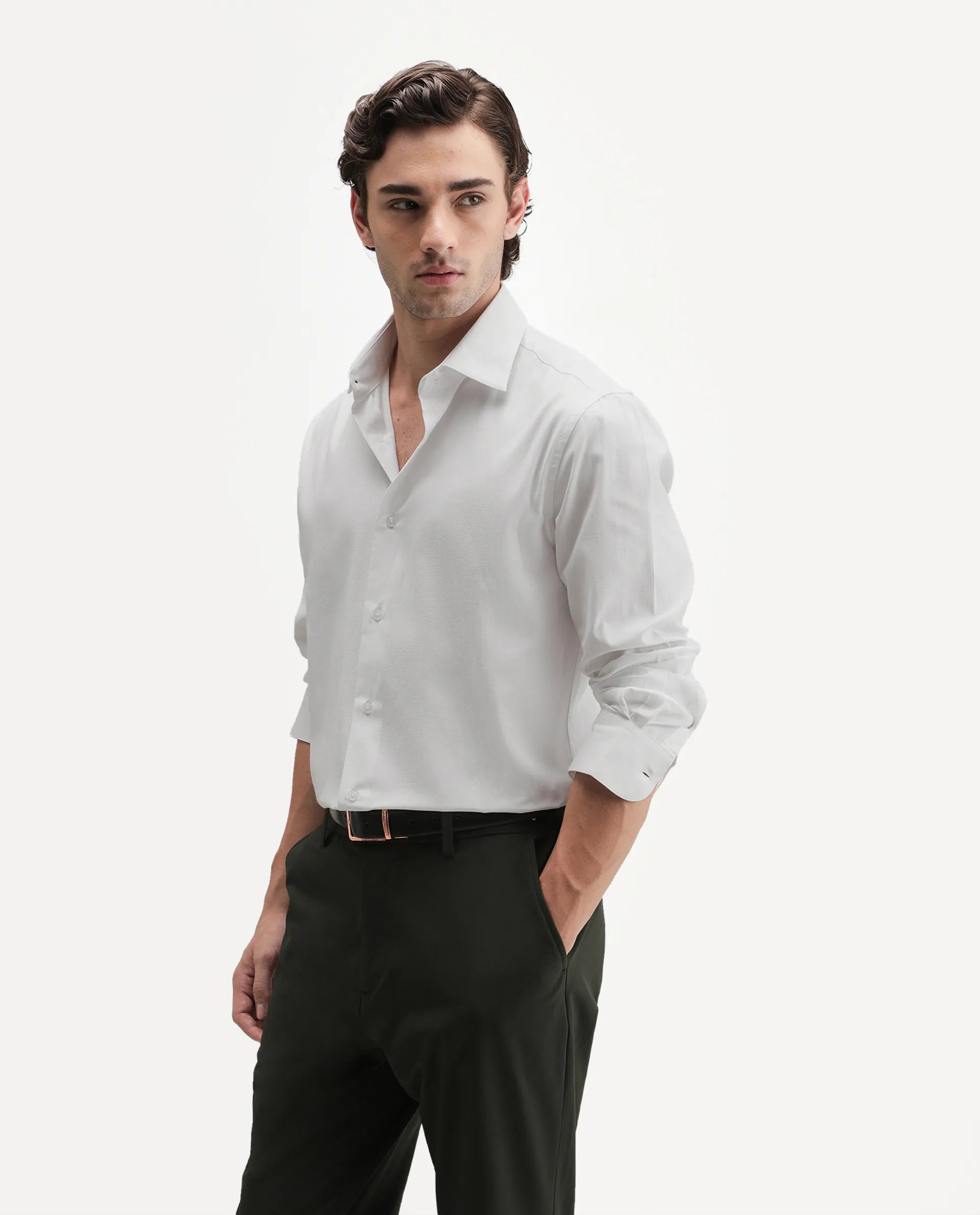 Rare Rabbit Men's Ervan Primary White Polyester Blend Spread Collar Button Regular Plain Shirt
