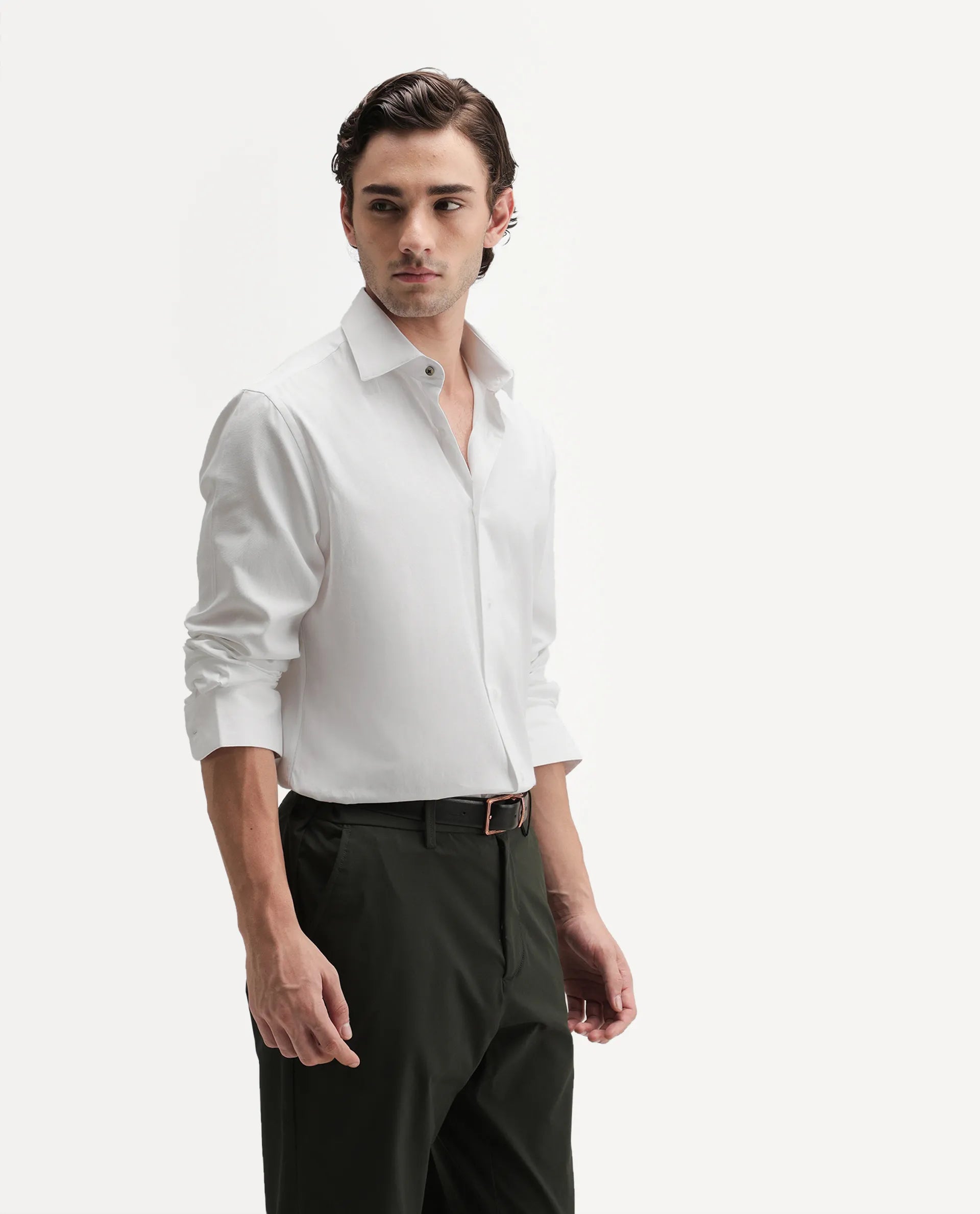 Rare Rabbit Men's Ervan Primary White Polyester Blend Spread Collar Button Regular Plain Shirt