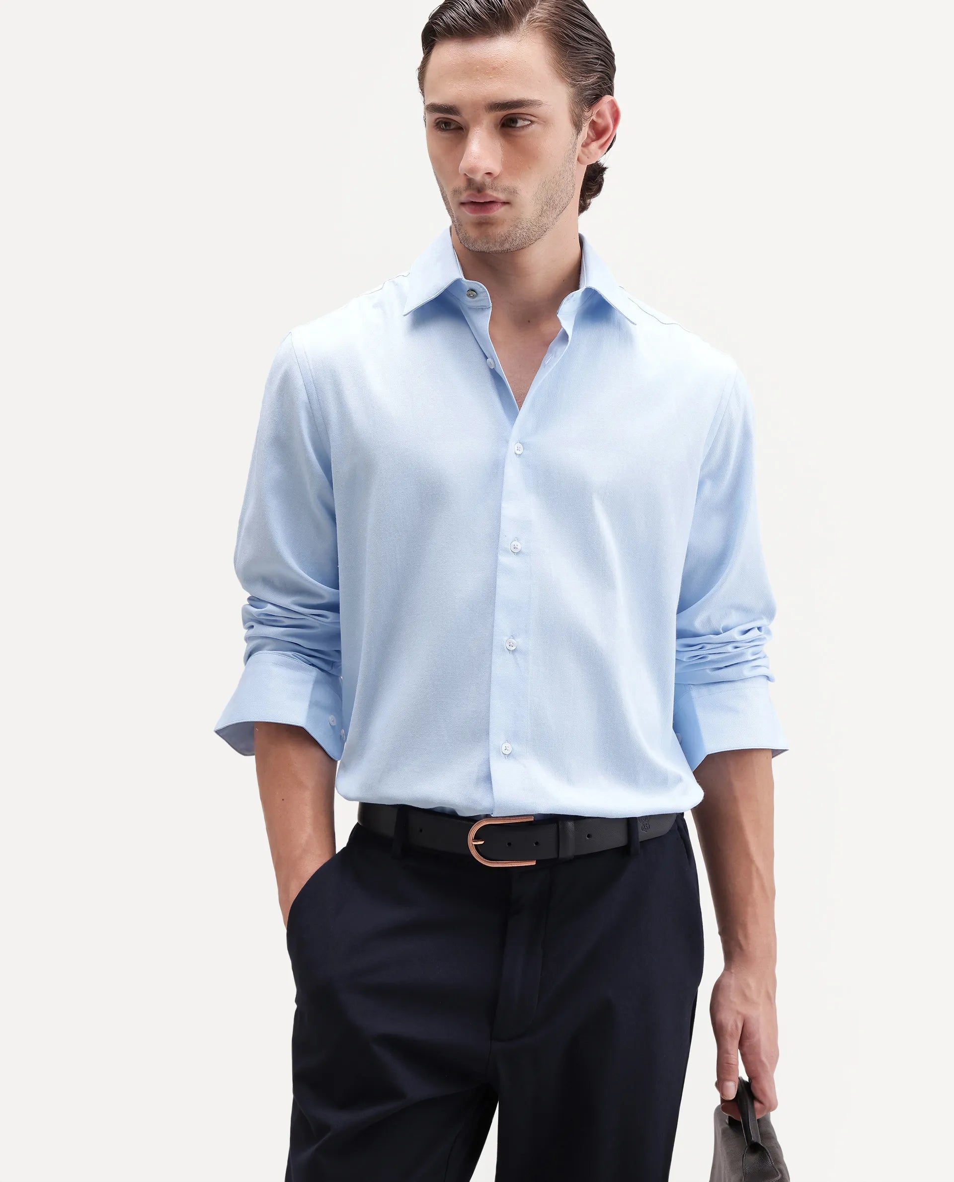 Rare Rabbit Men's Ervan Light Blue Polyester Blend Spread Collar Button Regular Plain Shirt