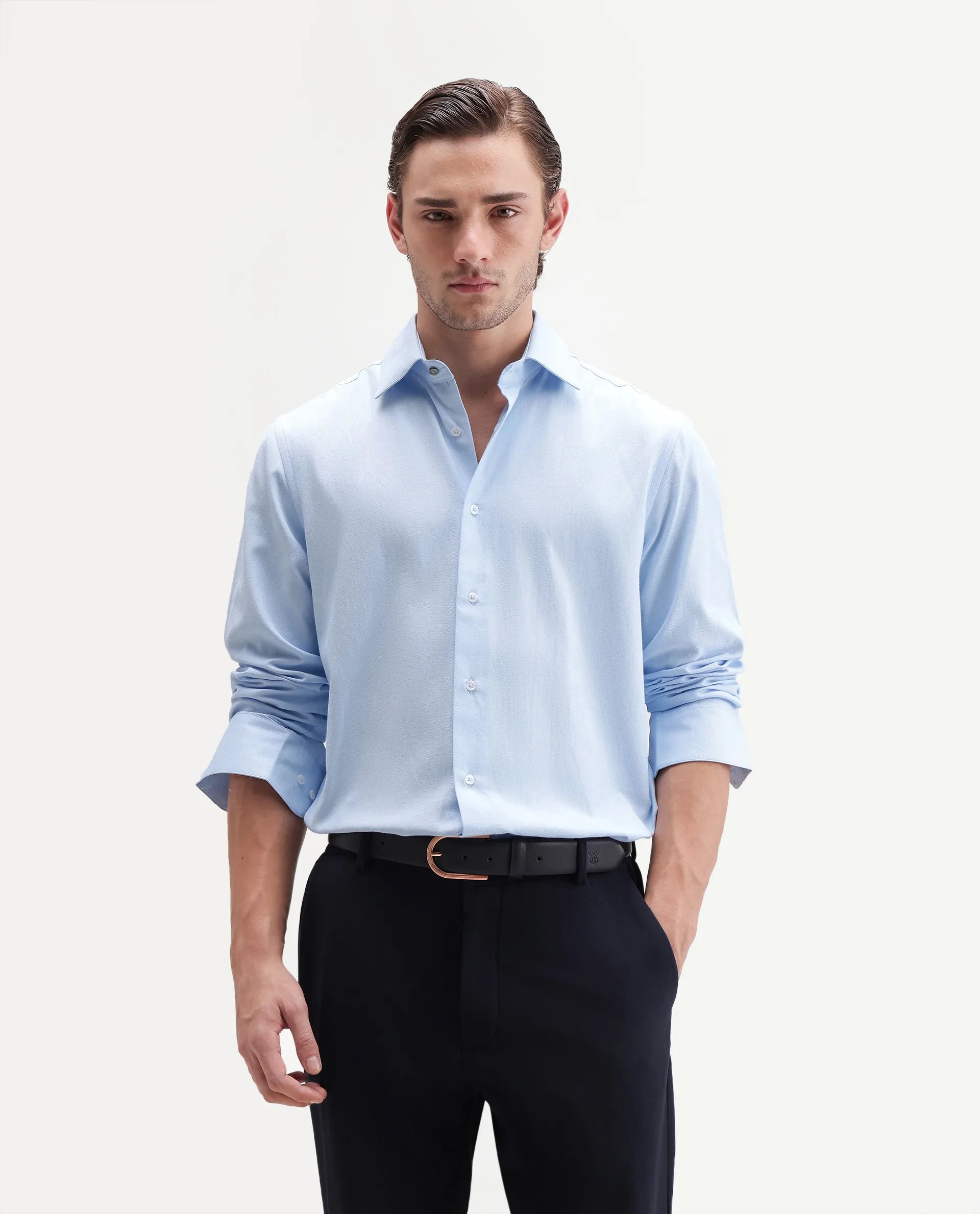 Rare Rabbit Men's Ervan Light Blue Polyester Blend Spread Collar Button Regular Plain Shirt