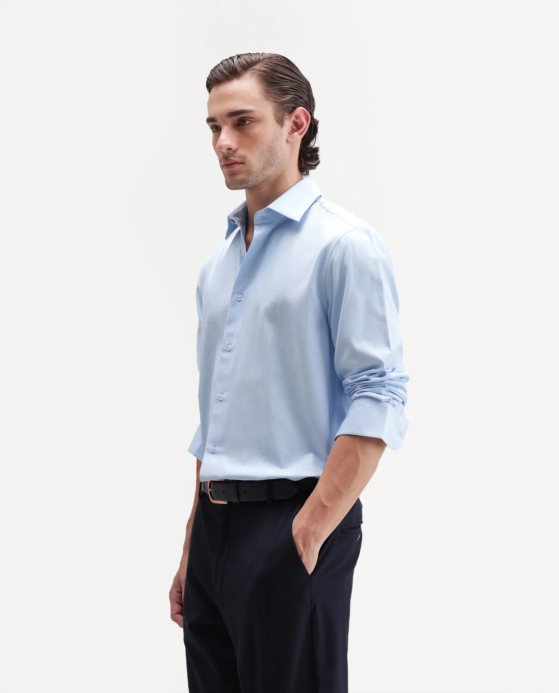 Rare Rabbit Men's Ervan Light Blue Polyester Blend Spread Collar Button Regular Plain Shirt