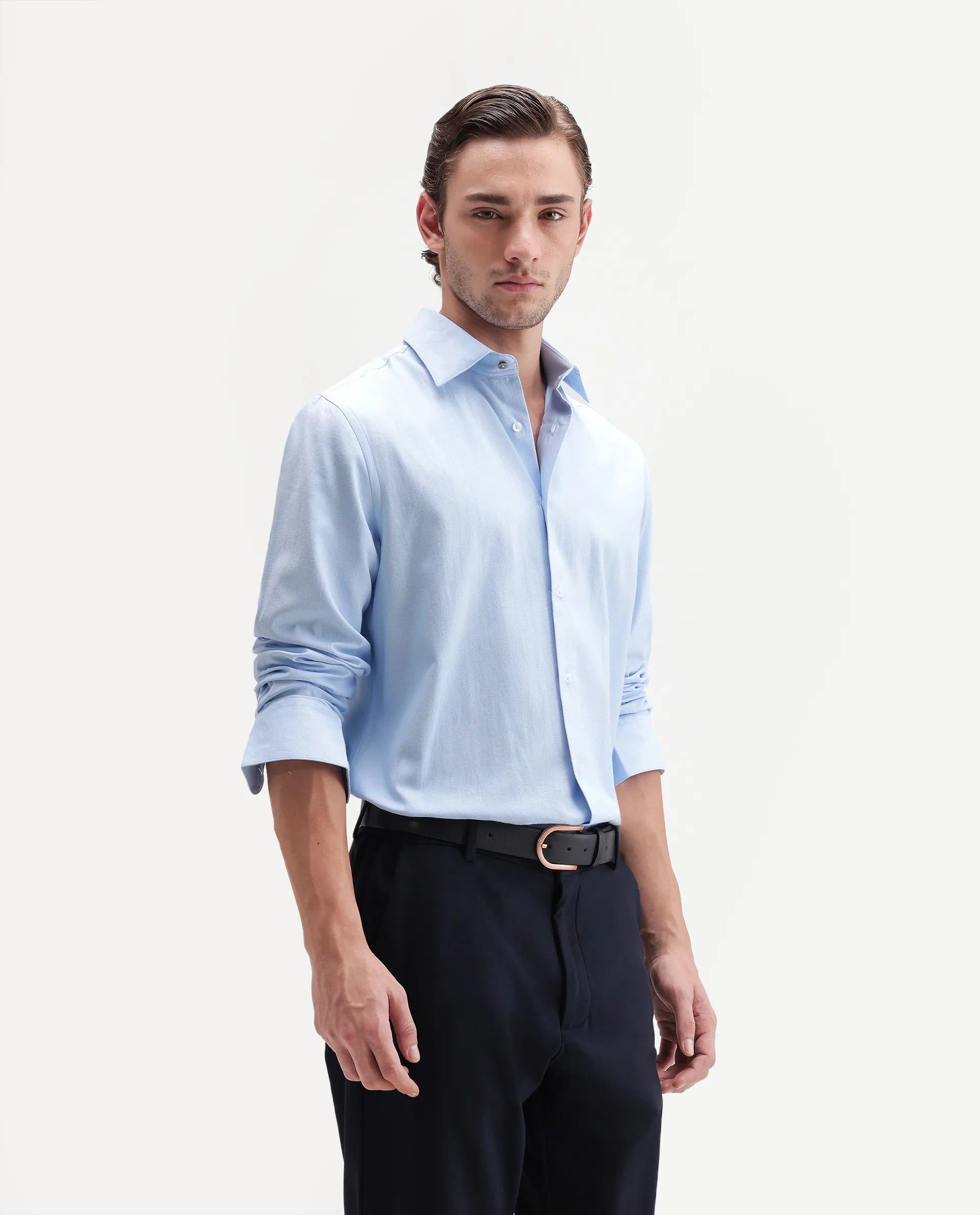 Rare Rabbit Men's Ervan Light Blue Polyester Blend Spread Collar Button Regular Plain Shirt