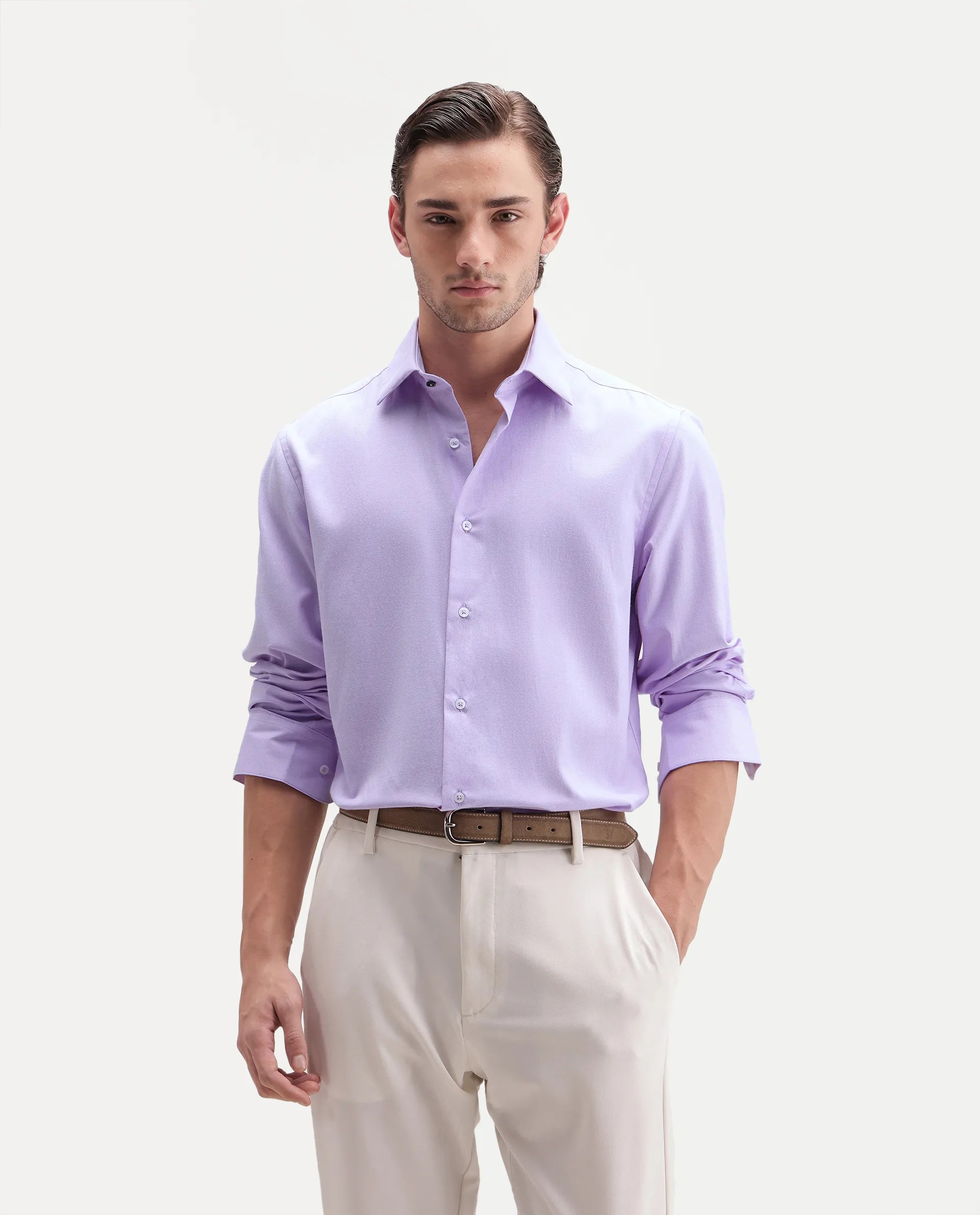 Rare Rabbit Men's Ervan Light Purple Polyester Blend Spread Collar Button Regular Plain Shirt