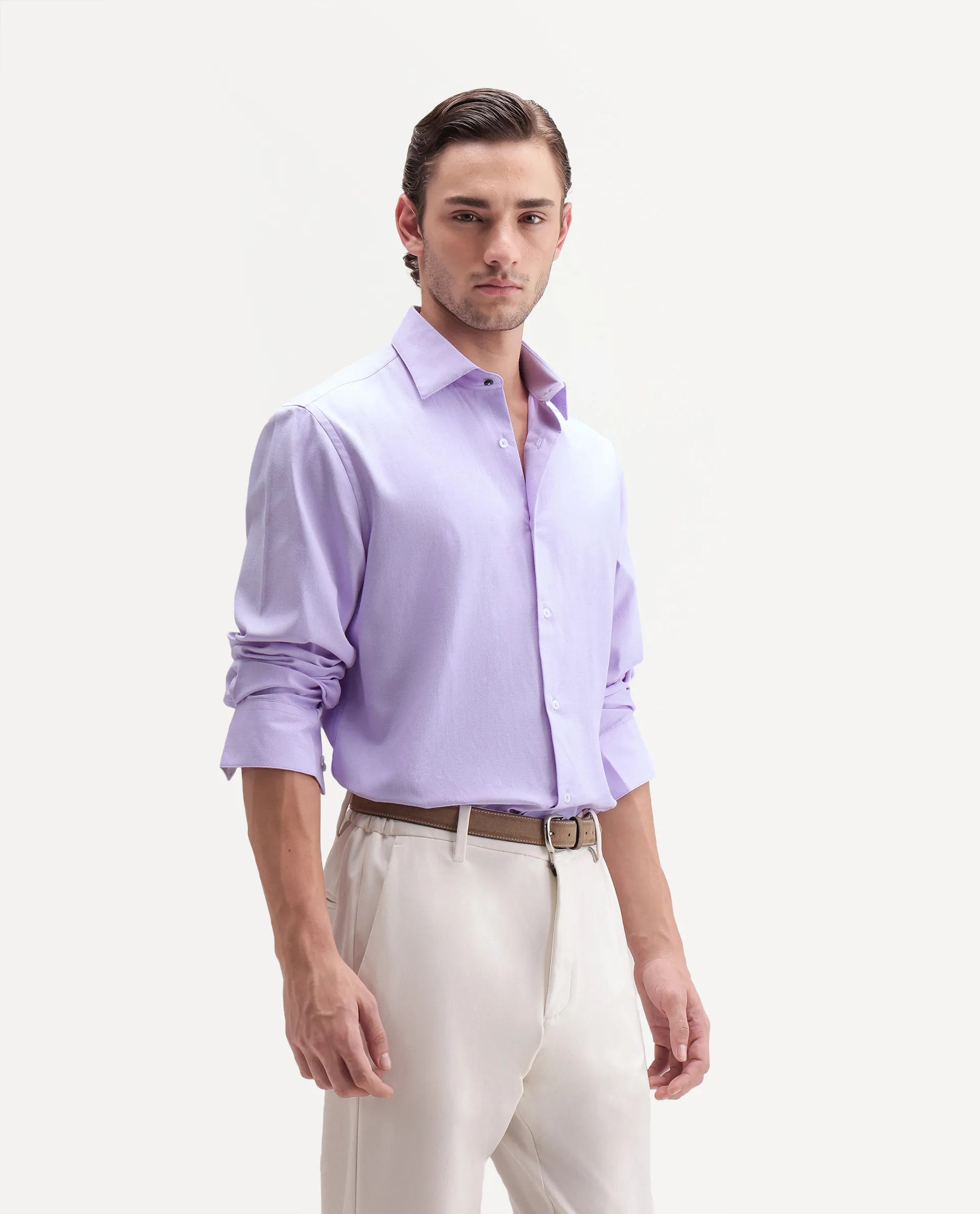Rare Rabbit Men's Ervan Light Purple Polyester Blend Spread Collar Button Regular Plain Shirt