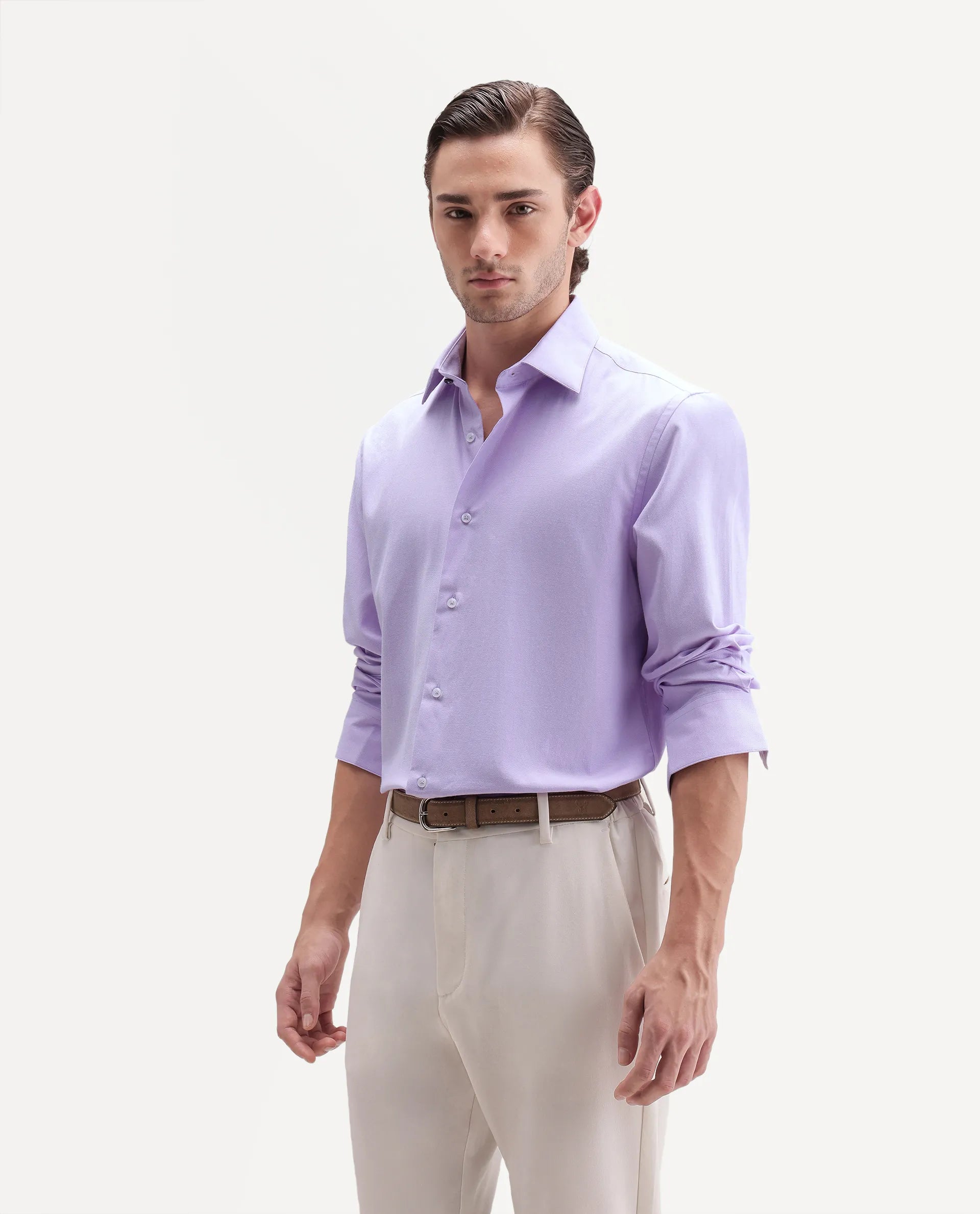 Rare Rabbit Men's Ervan Light Purple Polyester Blend Spread Collar Button Regular Plain Shirt