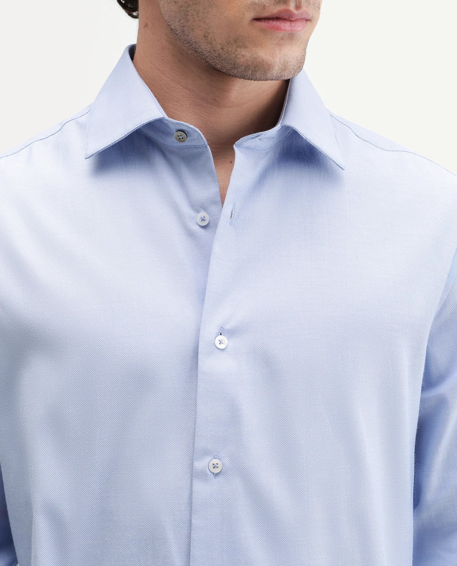 Rare Rabbit Men's Ervan Primary Blue Polyester Blend Spread Collar Button Regular Plain Shirt