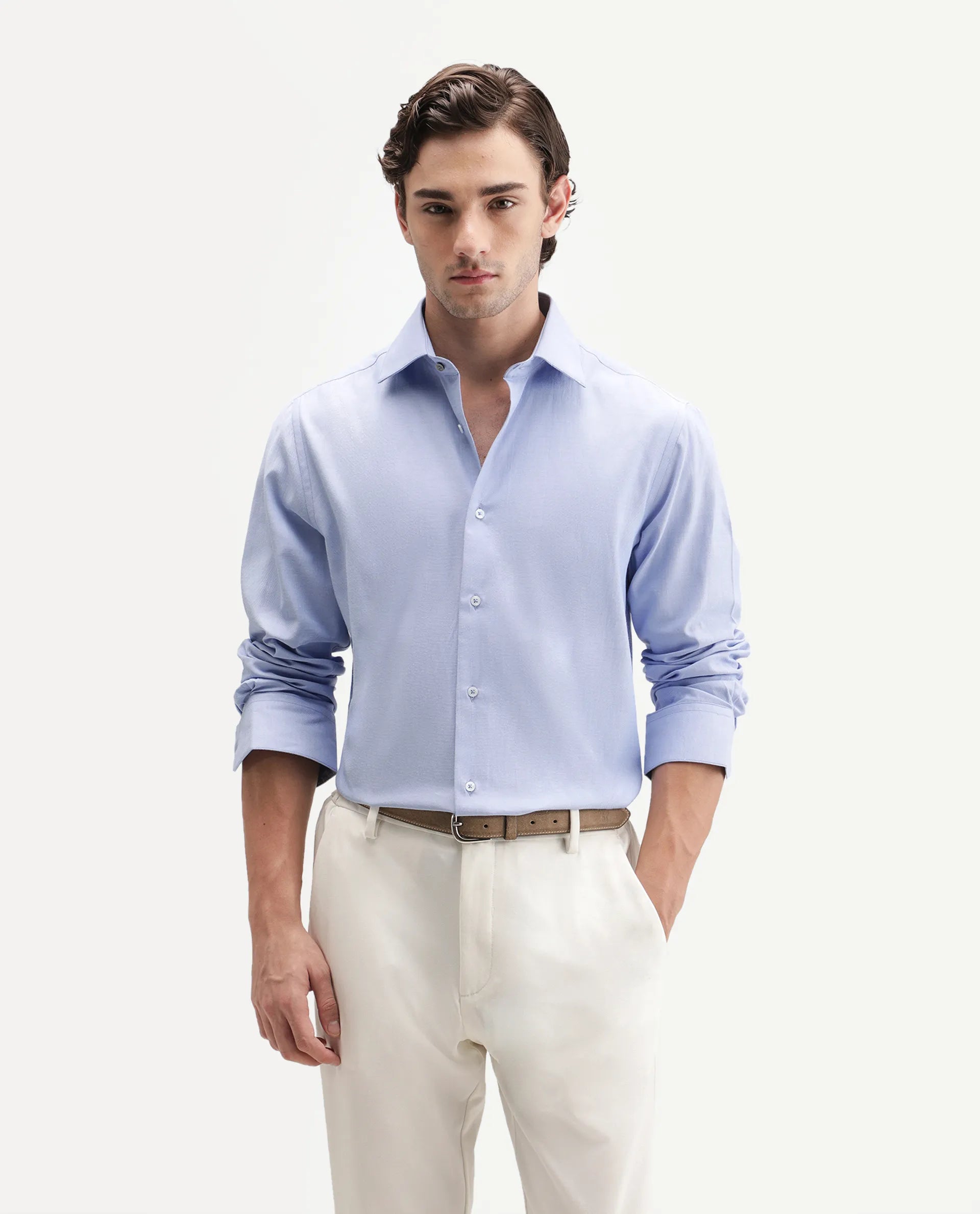Rare Rabbit Men's Ervan Primary Blue Polyester Blend Spread Collar Button Regular Plain Shirt