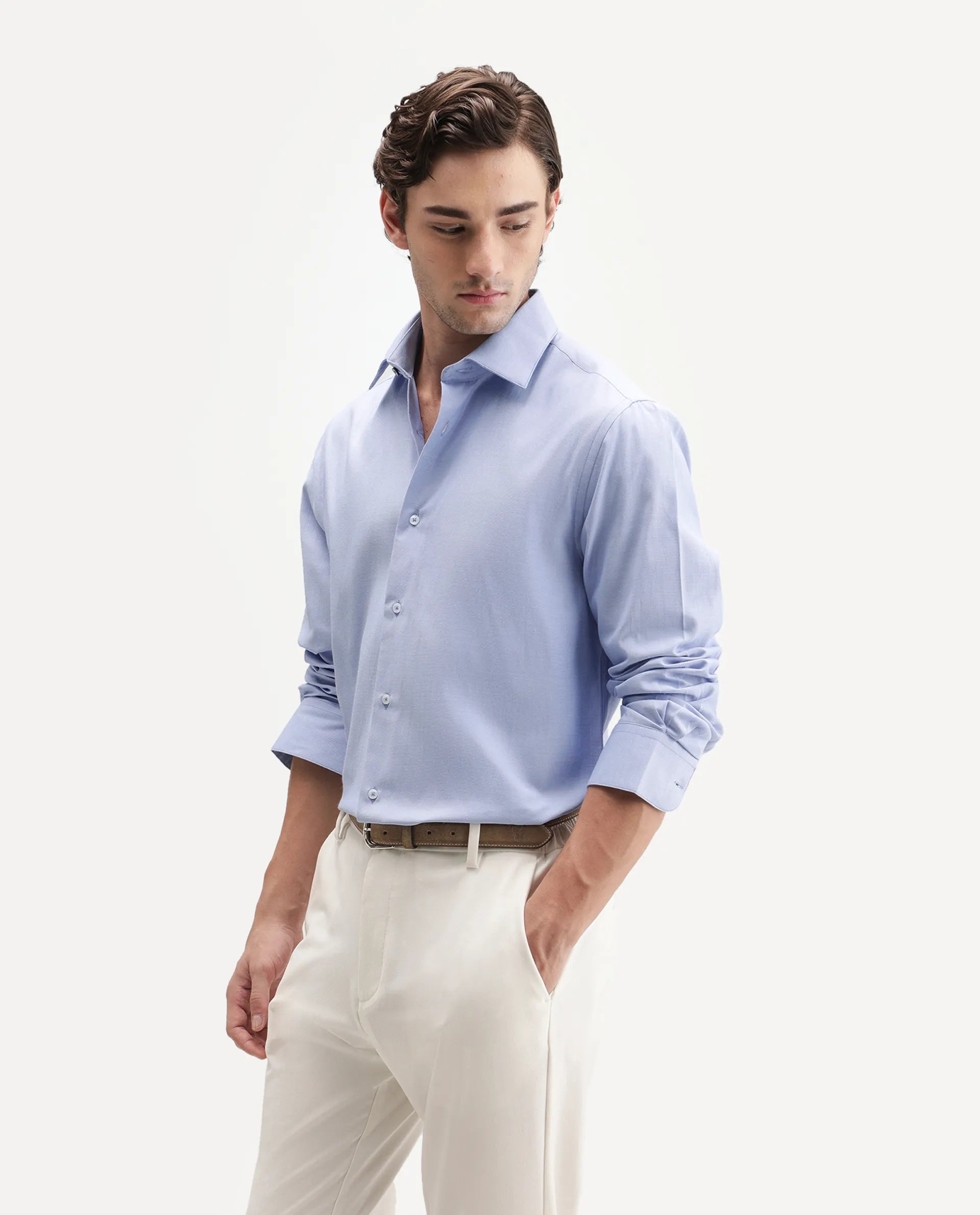 Rare Rabbit Men's Ervan Primary Blue Polyester Blend Spread Collar Button Regular Plain Shirt