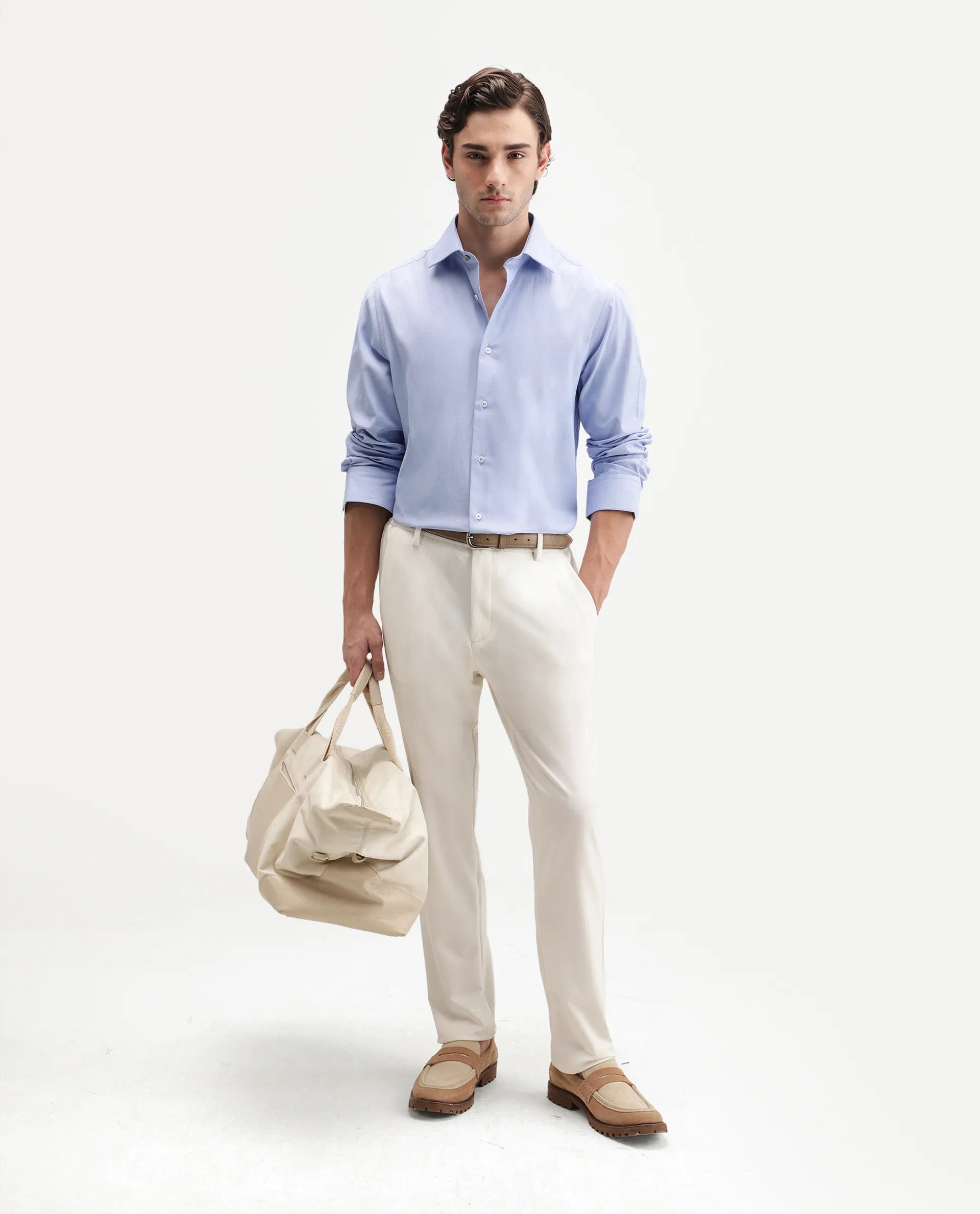 Rare Rabbit Men's Ervan Primary Blue Polyester Blend Spread Collar Button Regular Plain Shirt