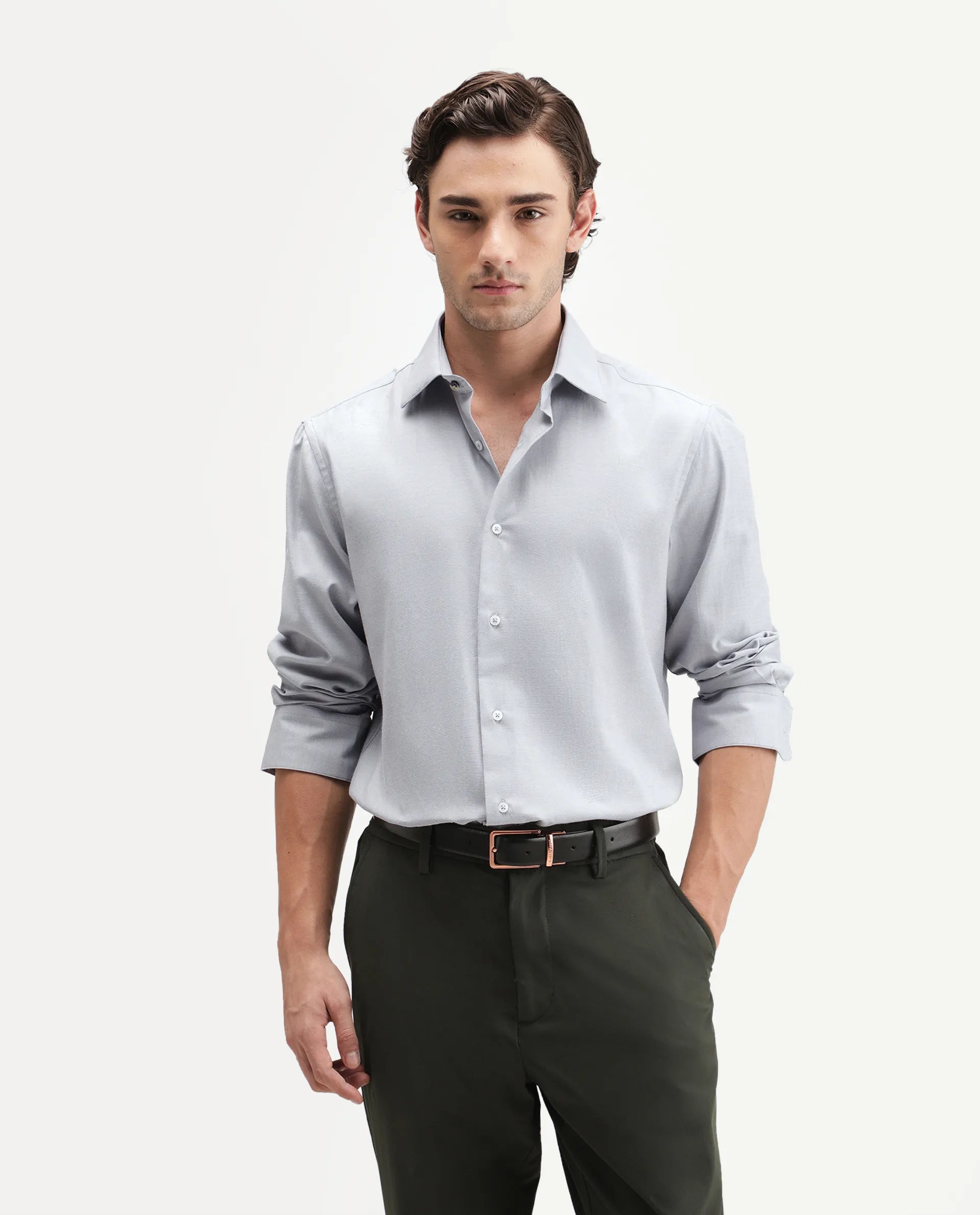 Rare Rabbit Men's Ervan Light Grey Polyester Blend Spread Collar Button Regular Plain Shirt
