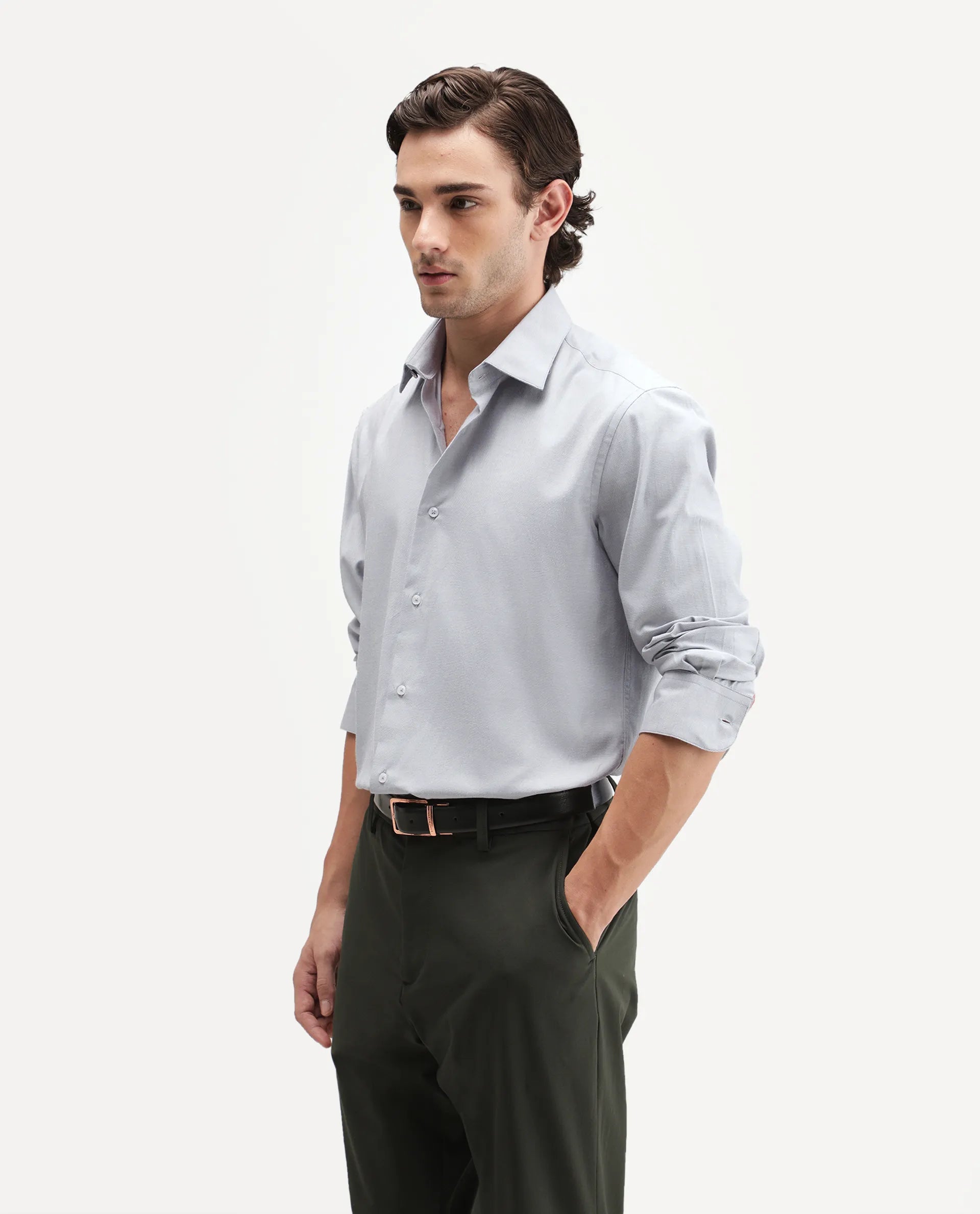 Rare Rabbit Men's Ervan Light Grey Polyester Blend Spread Collar Button Regular Plain Shirt