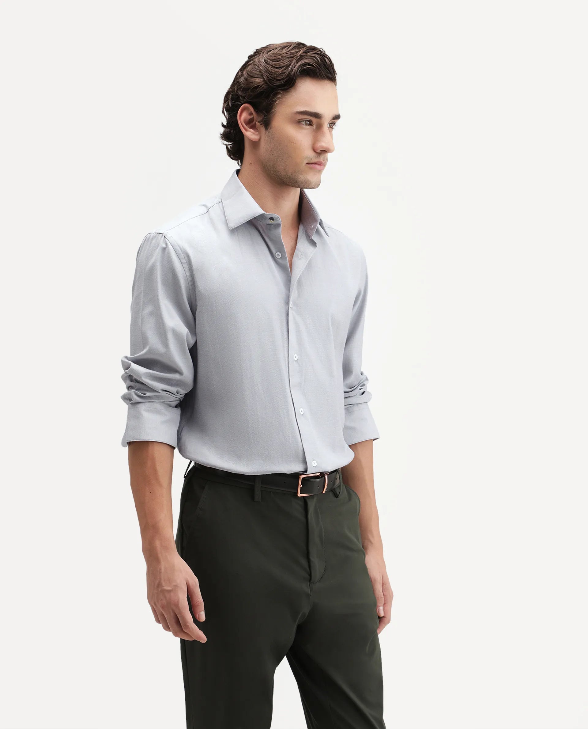 Rare Rabbit Men's Ervan Light Grey Polyester Blend Spread Collar Button Regular Plain Shirt