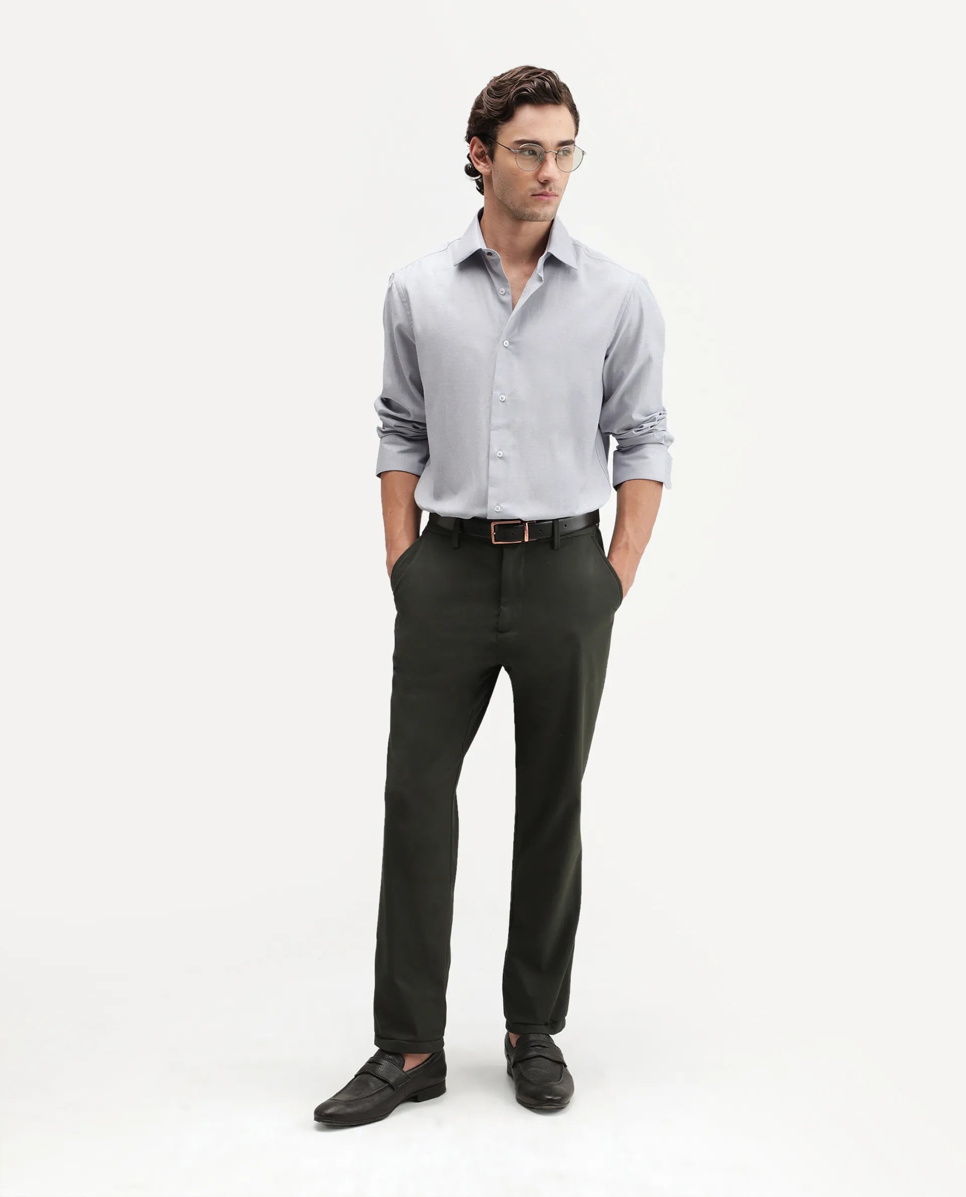 Rare Rabbit Men's Ervan Light Grey Polyester Blend Spread Collar Button Regular Plain Shirt