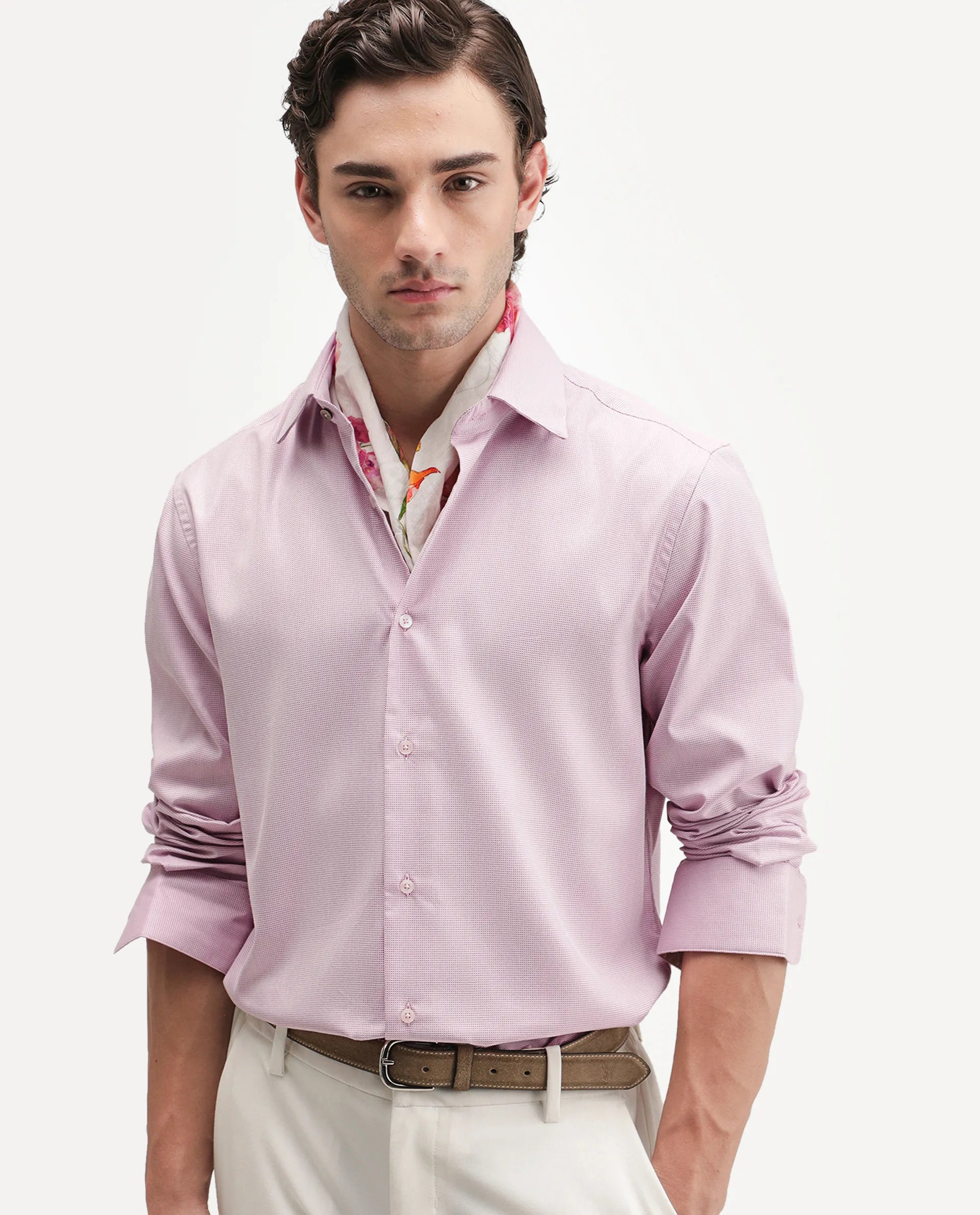 Rare Rabbit Men's Ovaro Primary Pink Polyester Blend Spread Collar Button Regular Checked Shirt