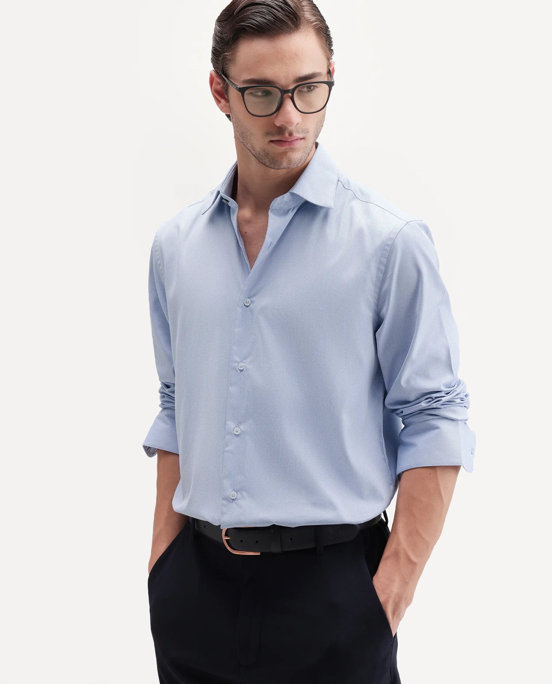 Rare Rabbit Men's Ovaro Primary Blue Polyester Blend Spread Collar Button Regular Checked Shirt