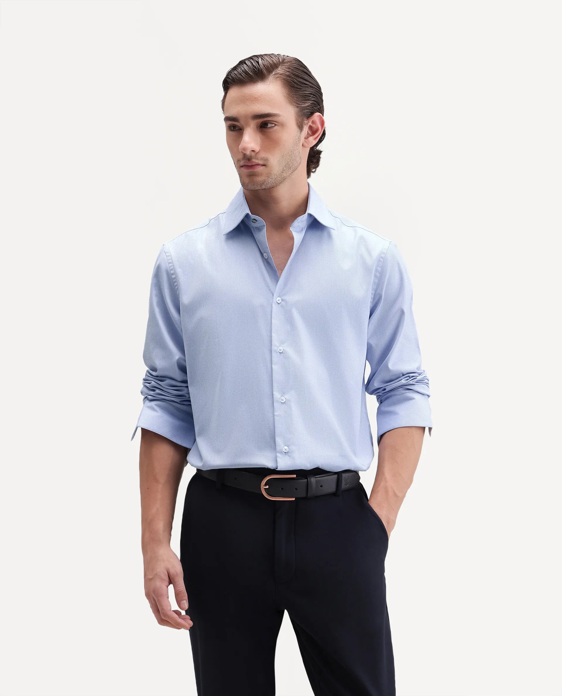 Rare Rabbit Men's Ovaro Primary Blue Polyester Blend Spread Collar Button Regular Checked Shirt
