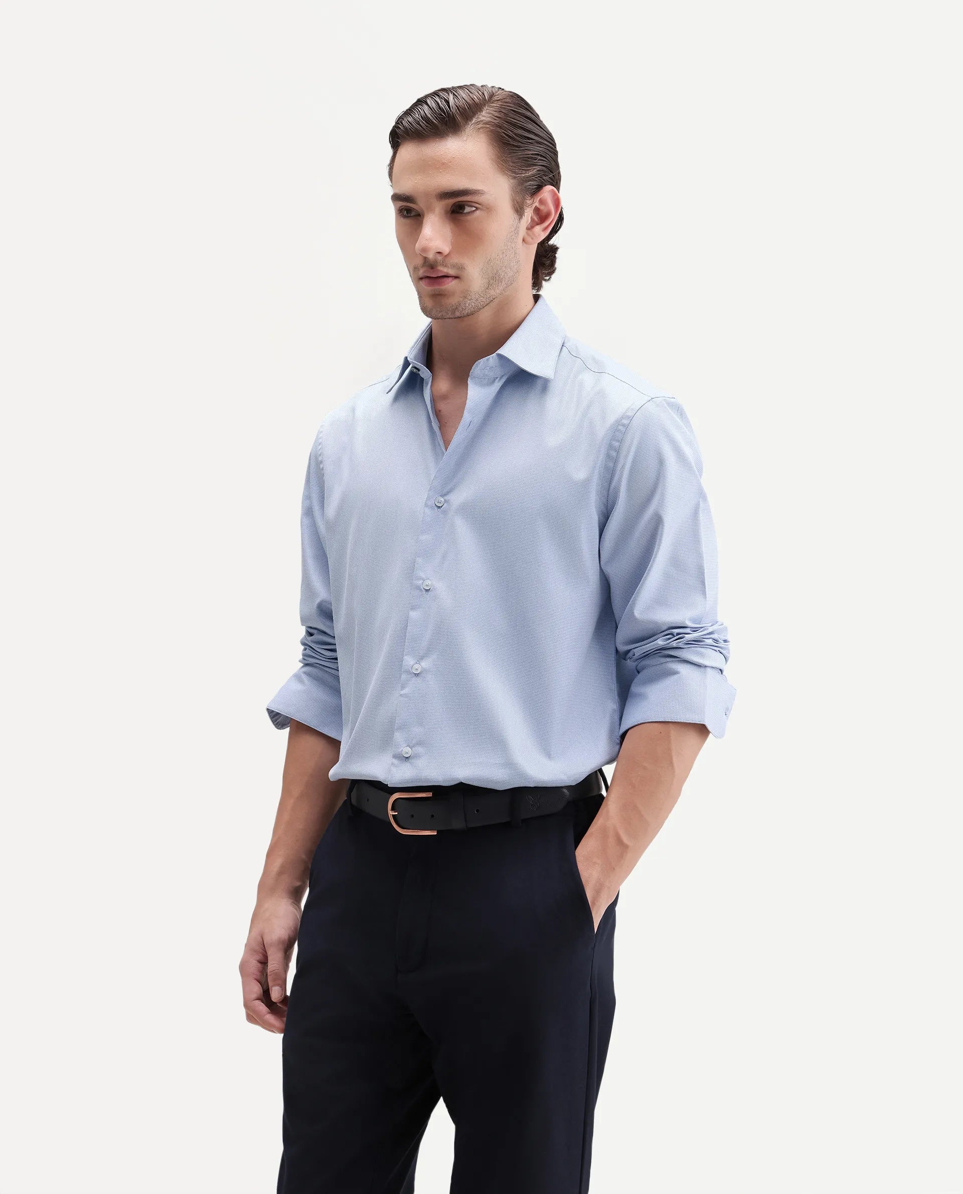 Rare Rabbit Men's Ovaro Primary Blue Polyester Blend Spread Collar Button Regular Checked Shirt