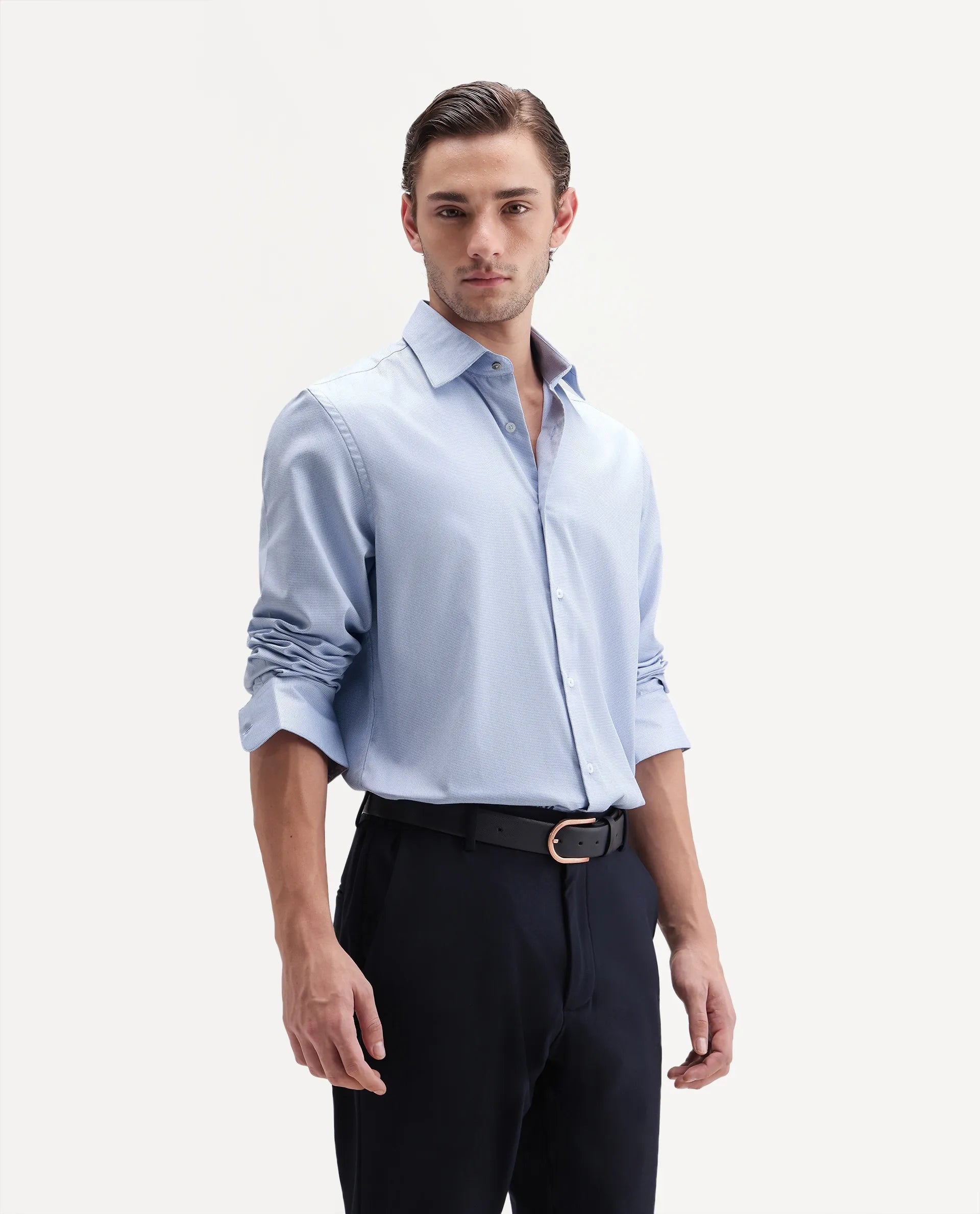 Rare Rabbit Men's Ovaro Primary Blue Polyester Blend Spread Collar Button Regular Checked Shirt