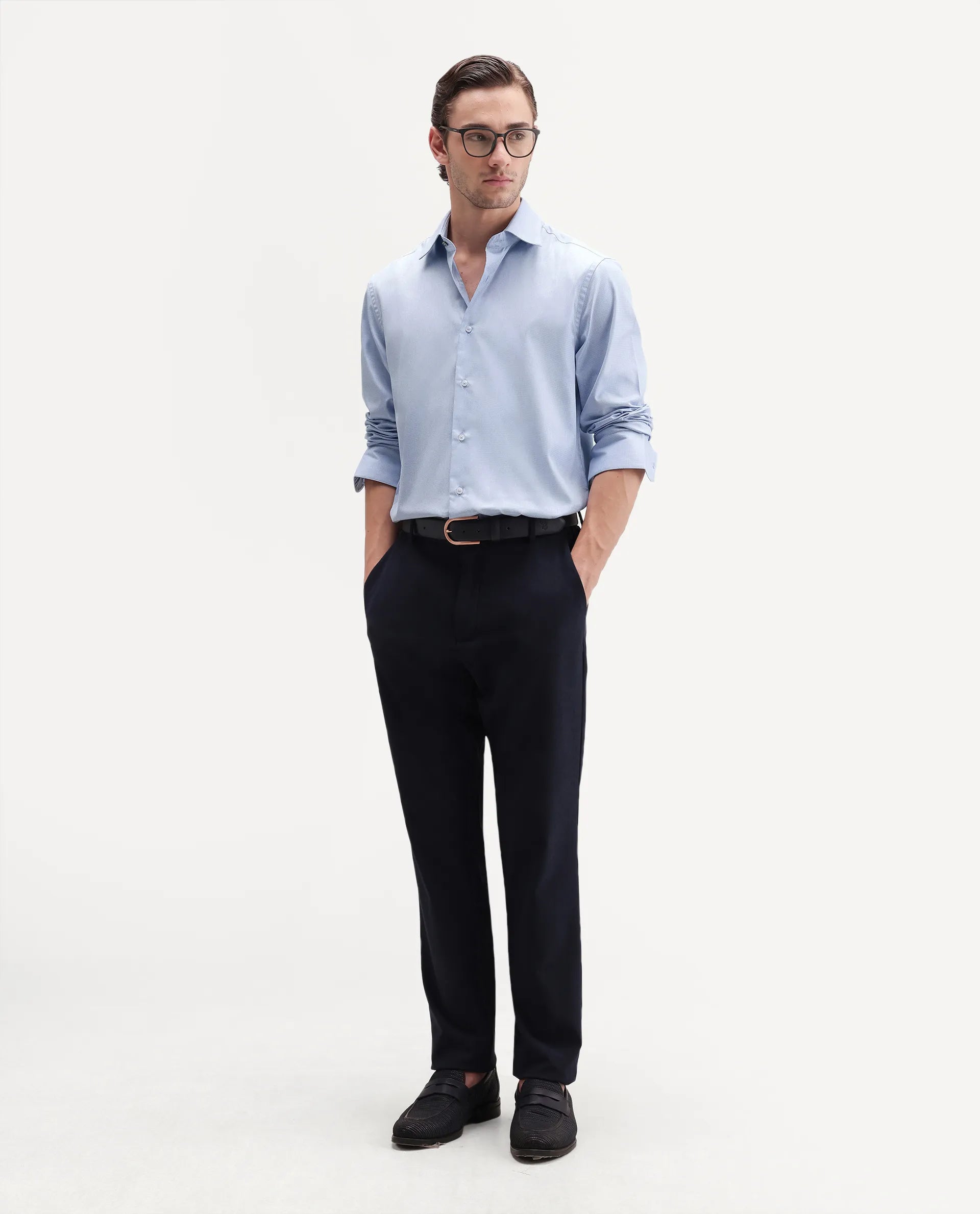Rare Rabbit Men's Ovaro Primary Blue Polyester Blend Spread Collar Button Regular Checked Shirt