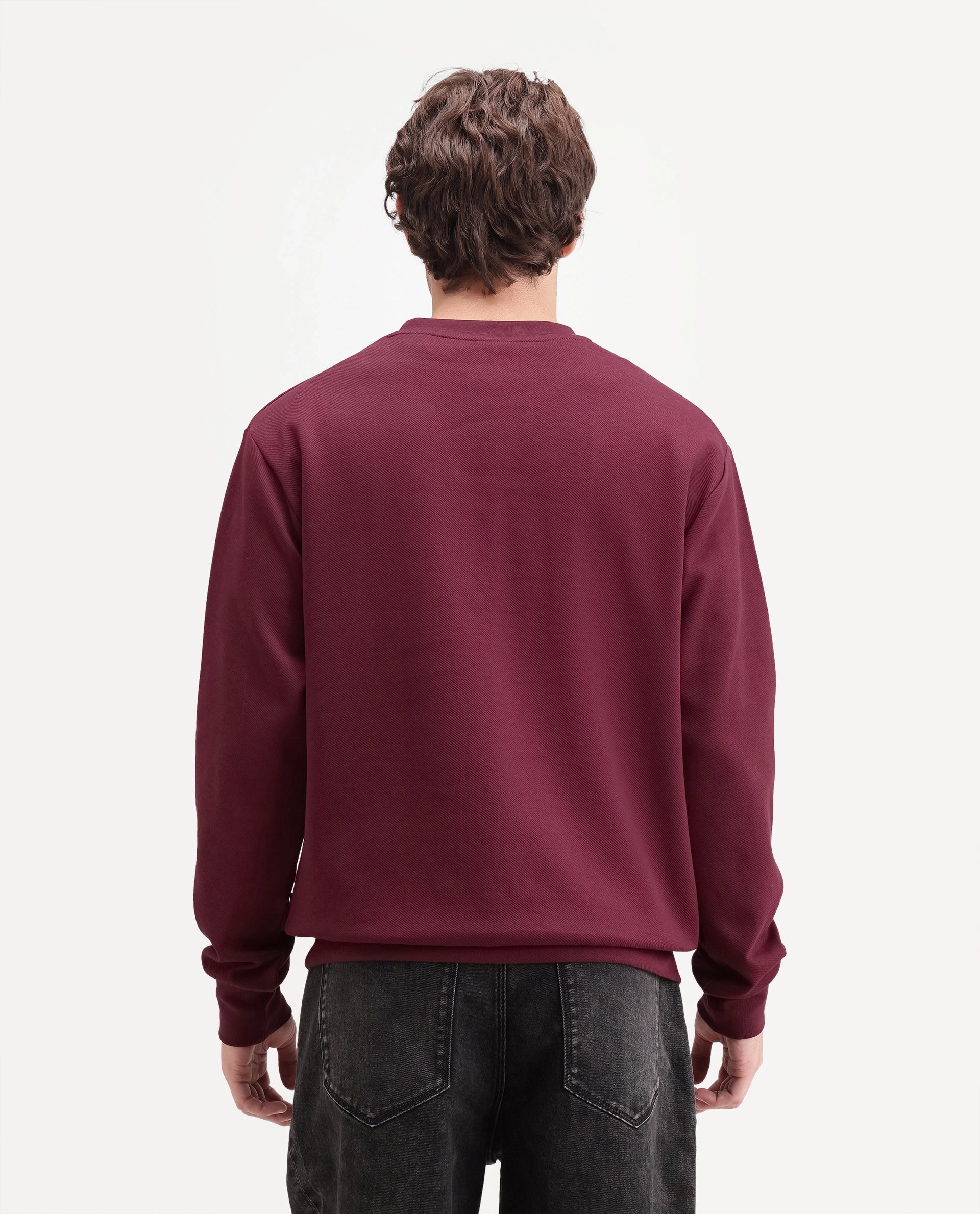 Rare Rabbit Men's Badgez Dusky Red Cotton Blend Crew Neck Regular Plain Sweatshirt