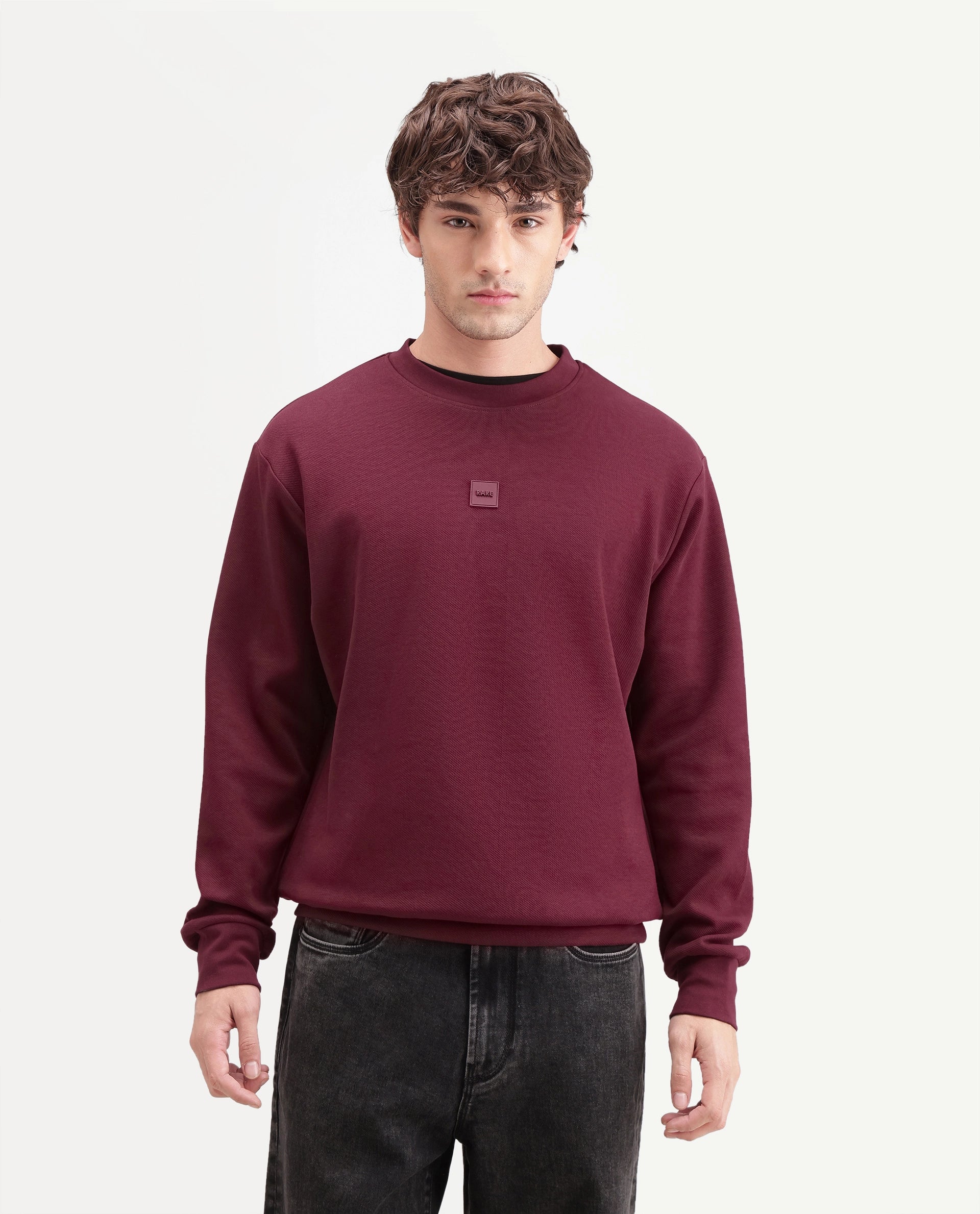 Rare Rabbit Men's Badgez Dusky Red Cotton Blend Crew Neck Regular Plain Sweatshirt