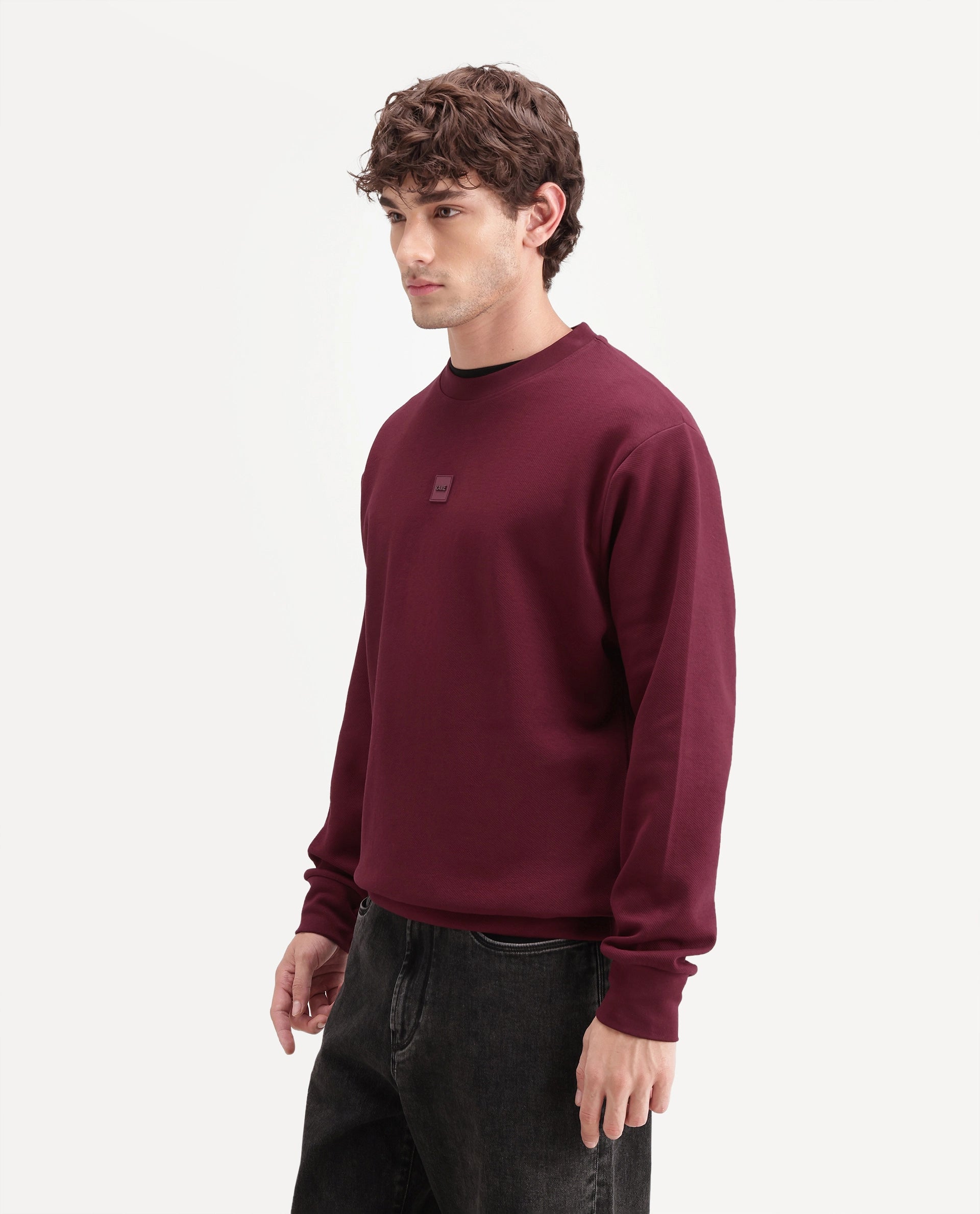 Rare Rabbit Men's Badgez Dusky Red Cotton Blend Crew Neck Regular Plain Sweatshirt