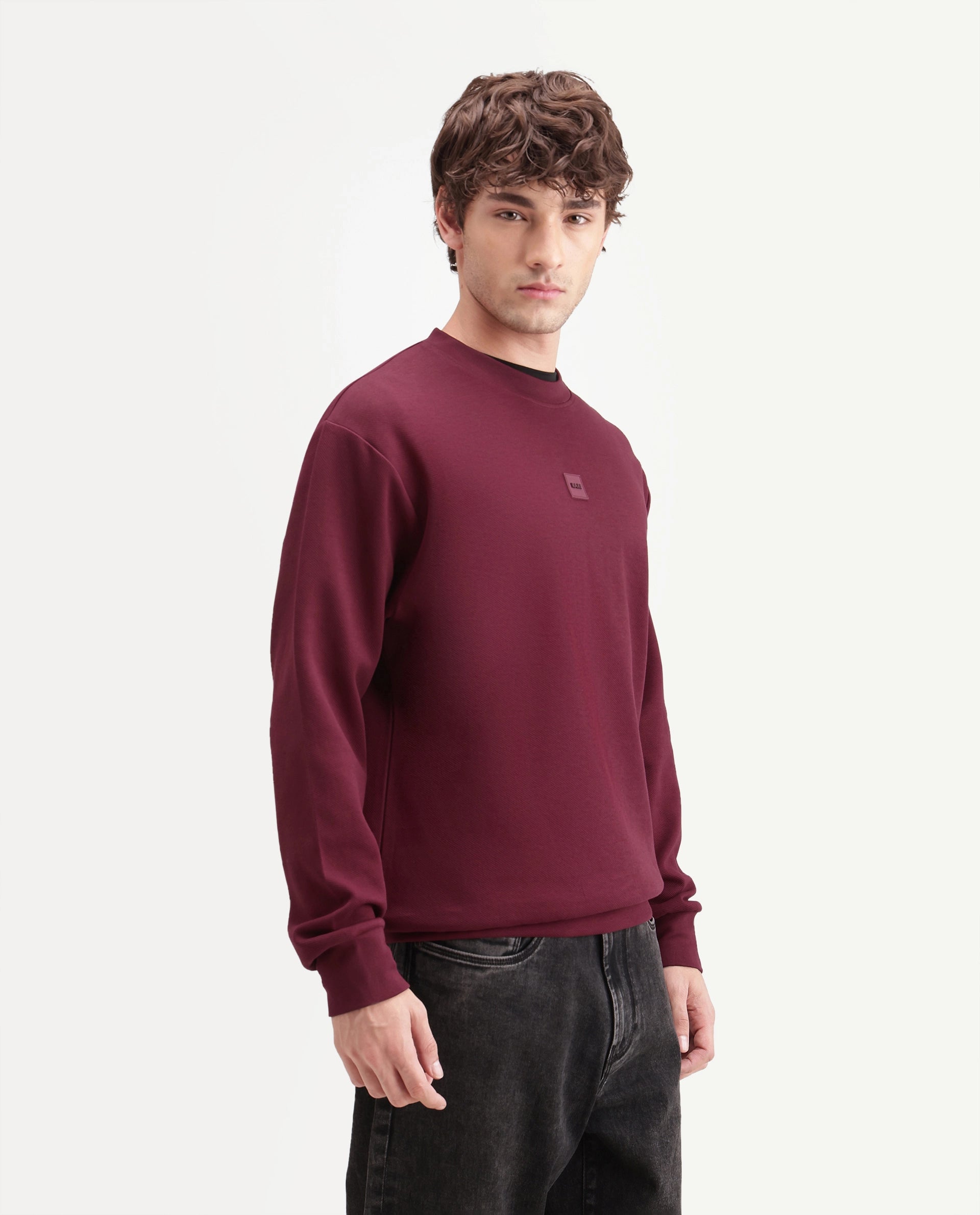 Rare Rabbit Men's Badgez Dusky Red Cotton Blend Crew Neck Regular Plain Sweatshirt