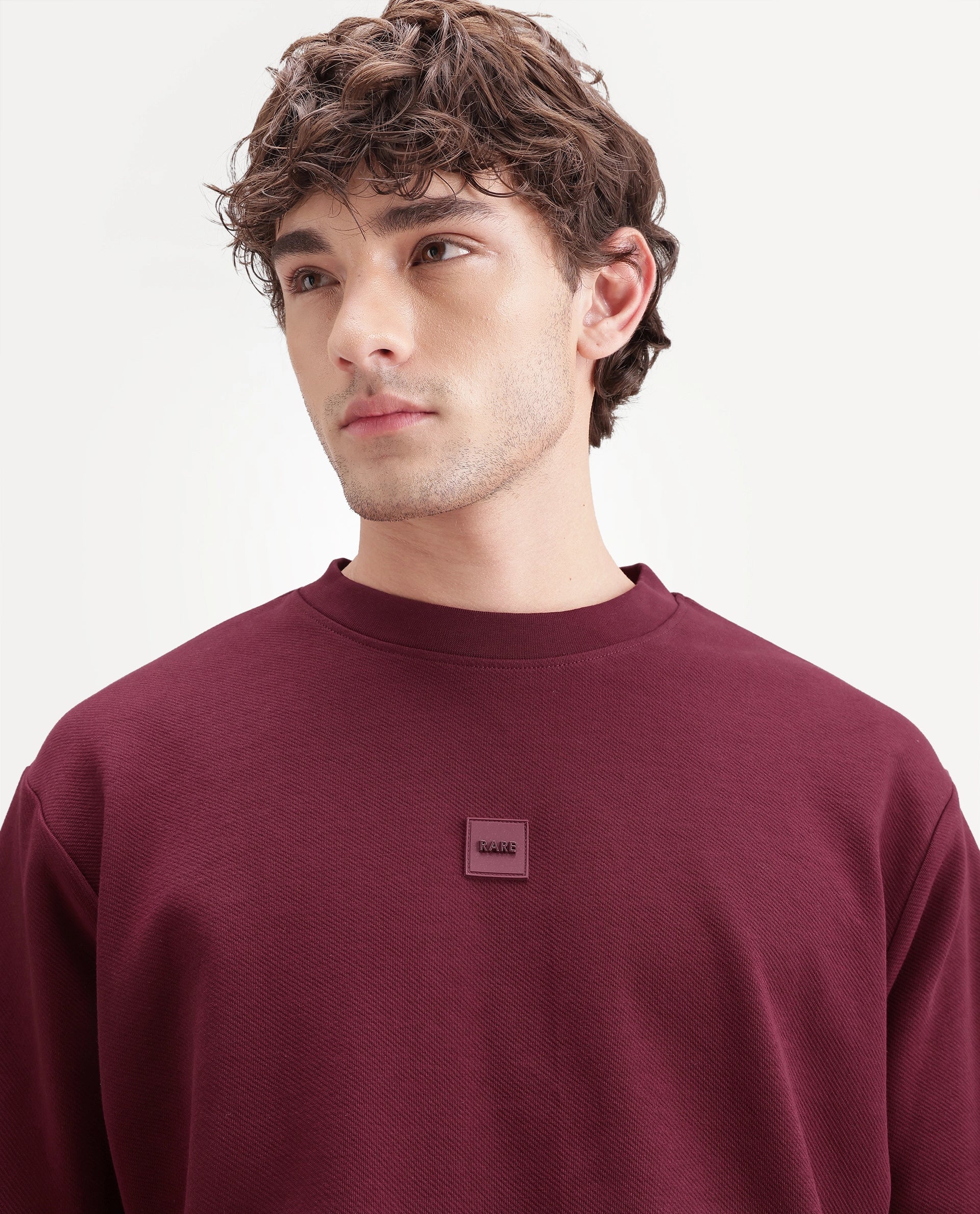 Rare Rabbit Men's Badgez Dusky Red Cotton Blend Crew Neck Regular Plain Sweatshirt