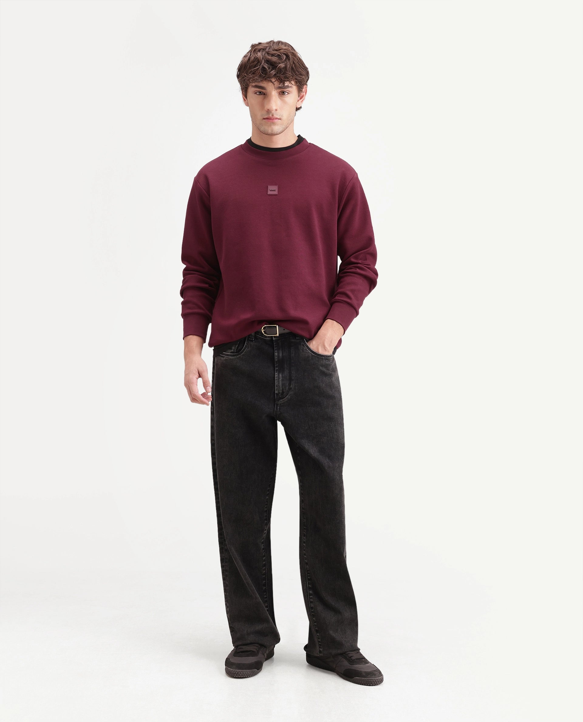 Rare Rabbit Men's Badgez Dusky Red Cotton Blend Crew Neck Regular Plain Sweatshirt