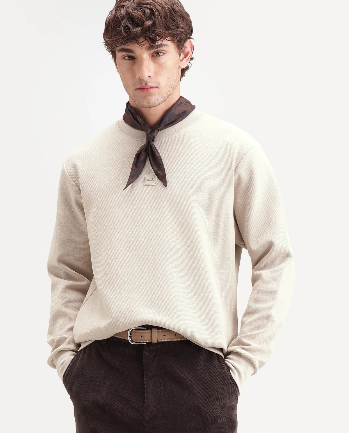 Rare Rabbit Men's Badgez Beige Cotton Blend Crew Neck Regular Plain Sweatshirt