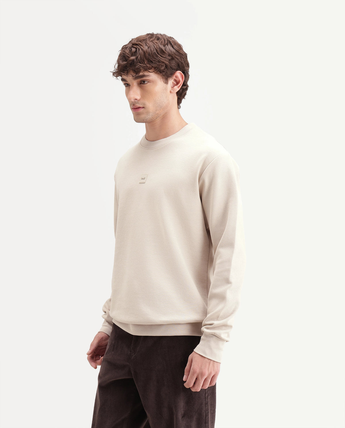 Rare Rabbit Men's Badgez Beige Cotton Blend Crew Neck Regular Plain Sweatshirt