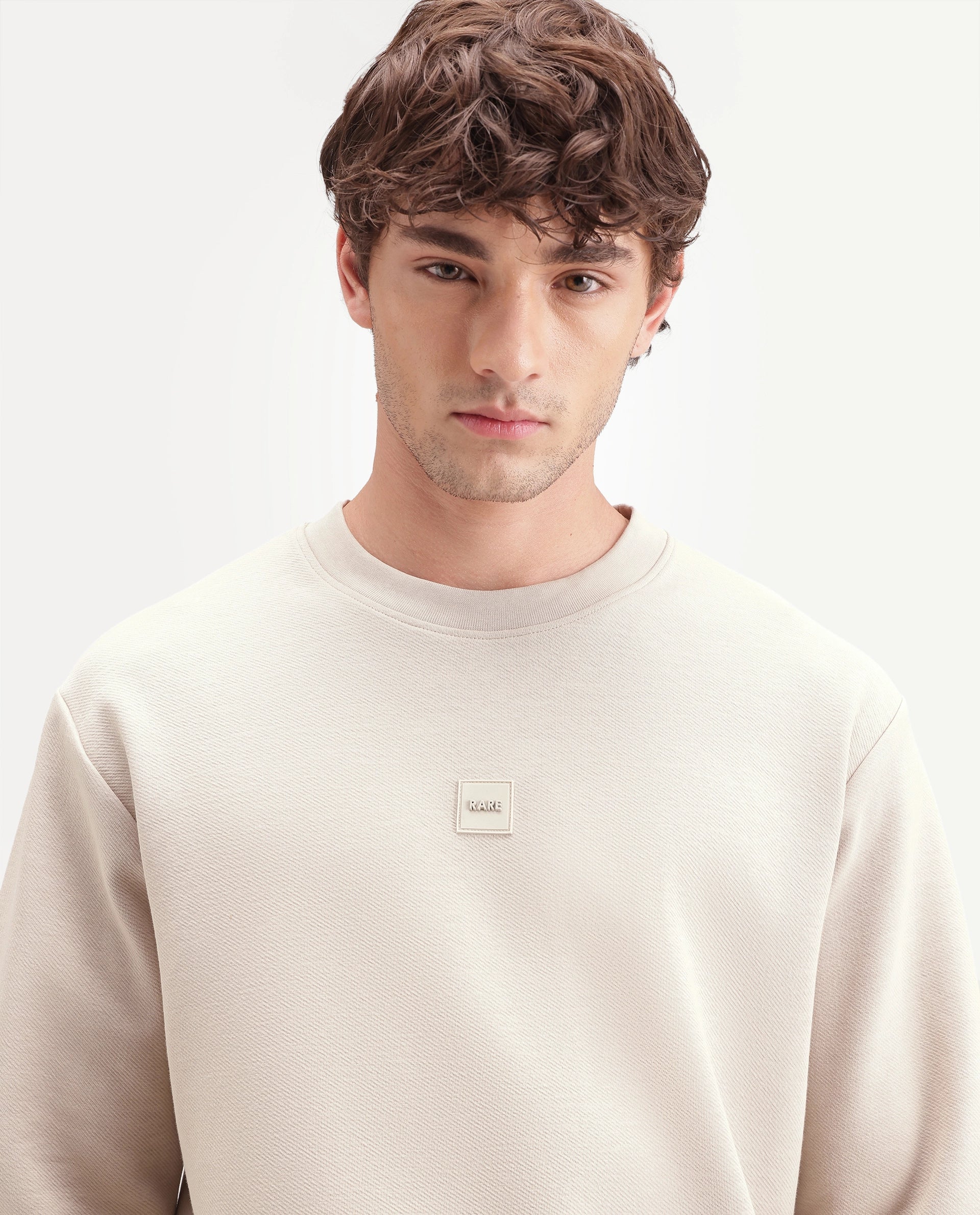 Rare Rabbit Men's Badgez Beige Cotton Blend Crew Neck Regular Plain Sweatshirt