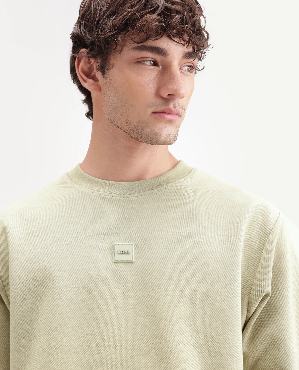 Rare Rabbit Men's Badgez Light Green Cotton Blend Crew Neck Regular Plain Sweatshirt