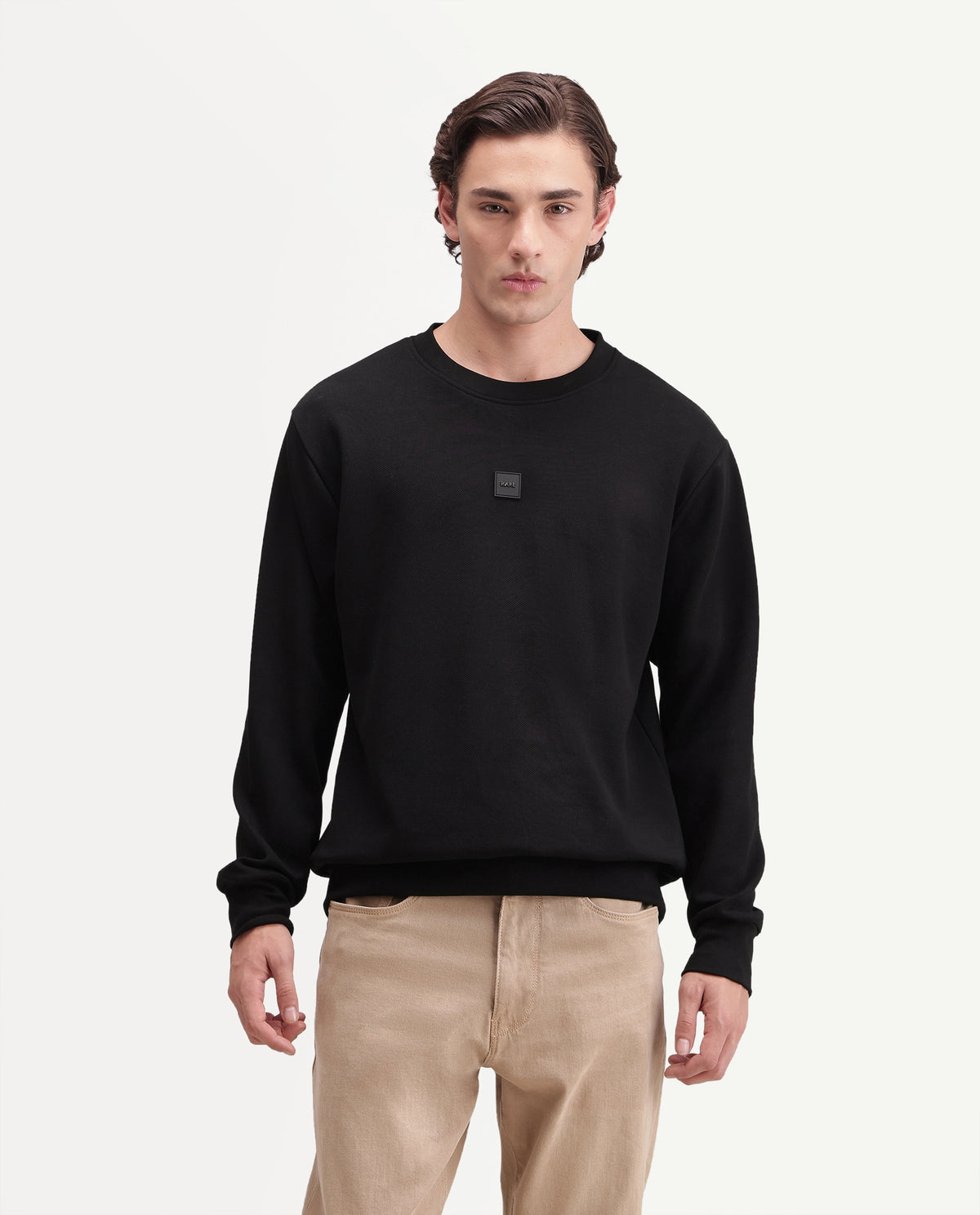 Rare Rabbit Men's Badgez Black Cotton Blend Crew Neck Regular Plain Sweatshirt