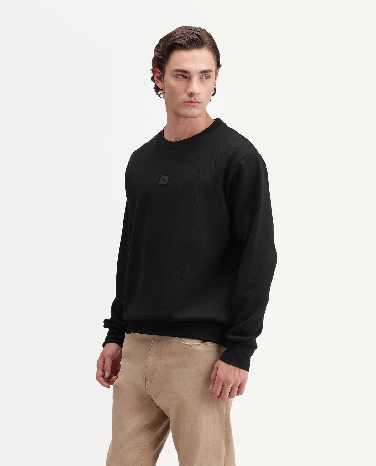 Rare Rabbit Men's Badgez Black Cotton Blend Crew Neck Regular Plain Sweatshirt