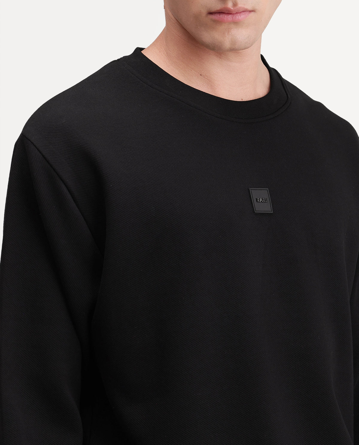 Rare Rabbit Men's Badgez Black Cotton Blend Crew Neck Regular Plain Sweatshirt