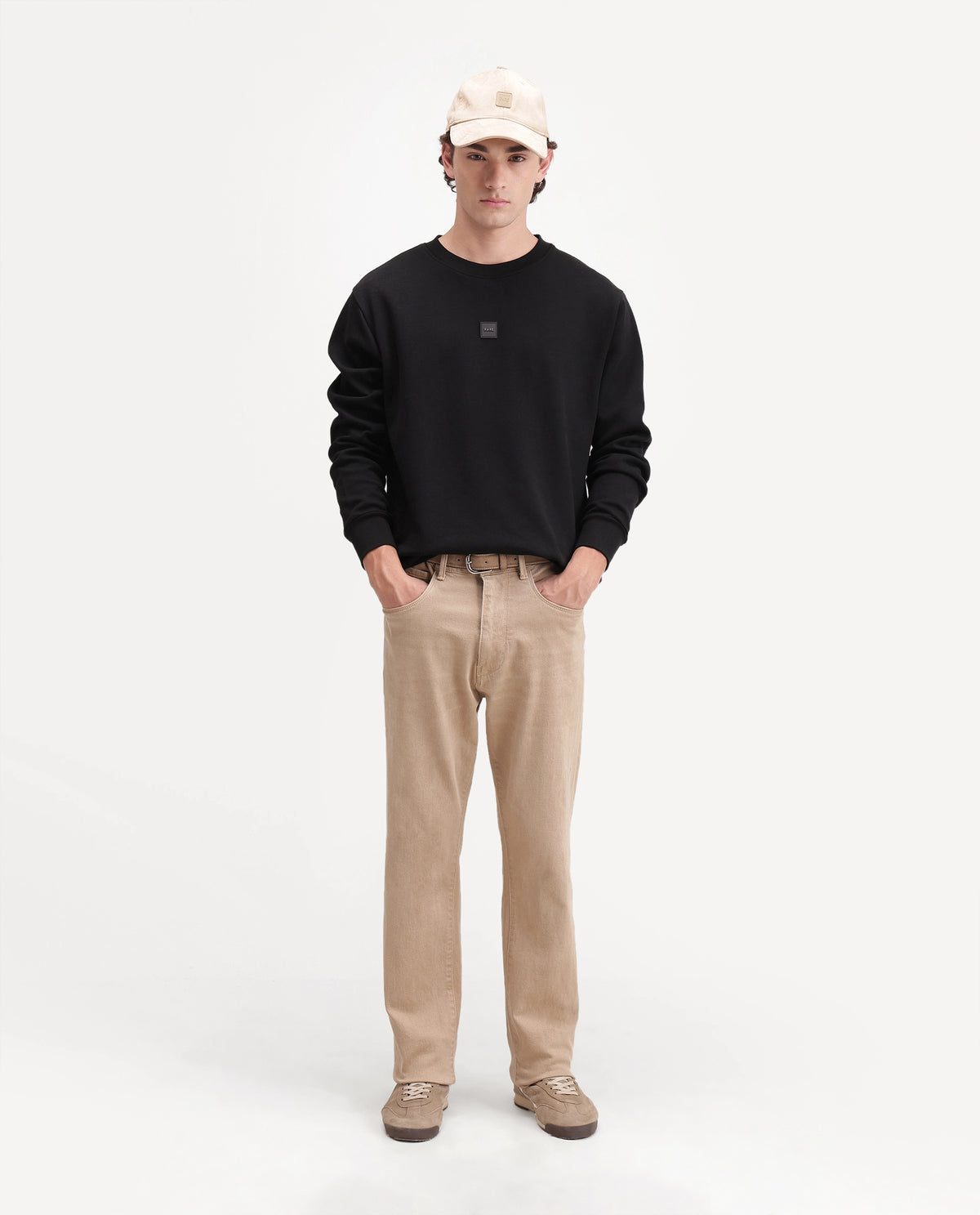 Rare Rabbit Men's Badgez Black Cotton Blend Crew Neck Regular Plain Sweatshirt