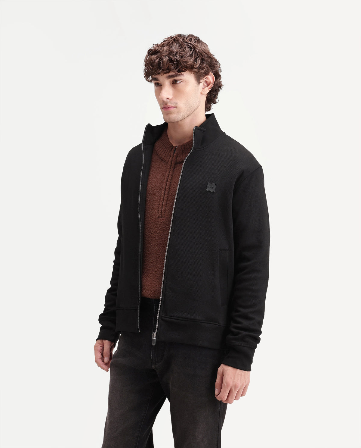 Rare Rabbit Men's Costo-J-A26 Black Cotton Blend High Neck Regular Plain Sweatshirt