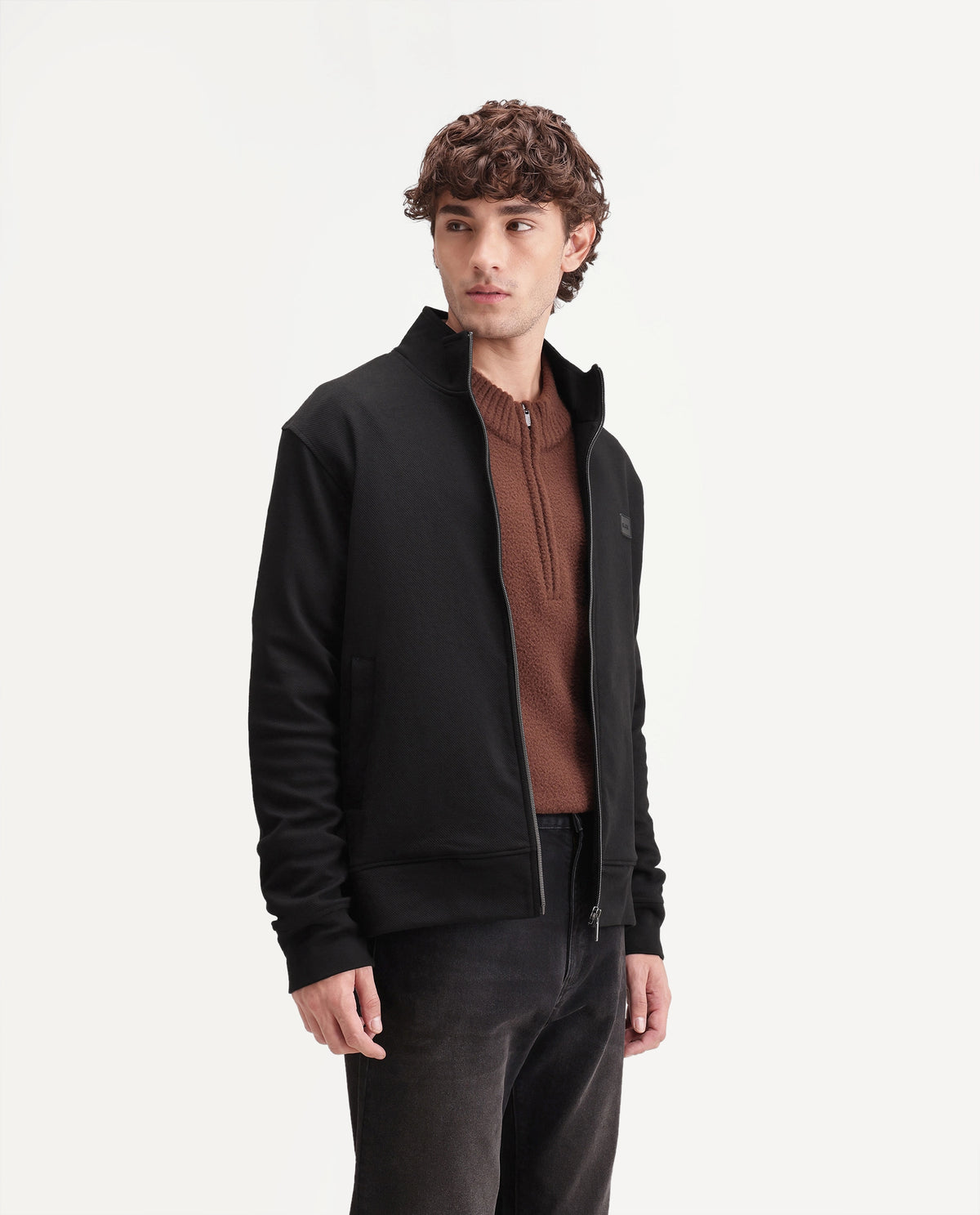 Rare Rabbit Men's Costo-J-A26 Black Cotton Blend High Neck Regular Plain Sweatshirt