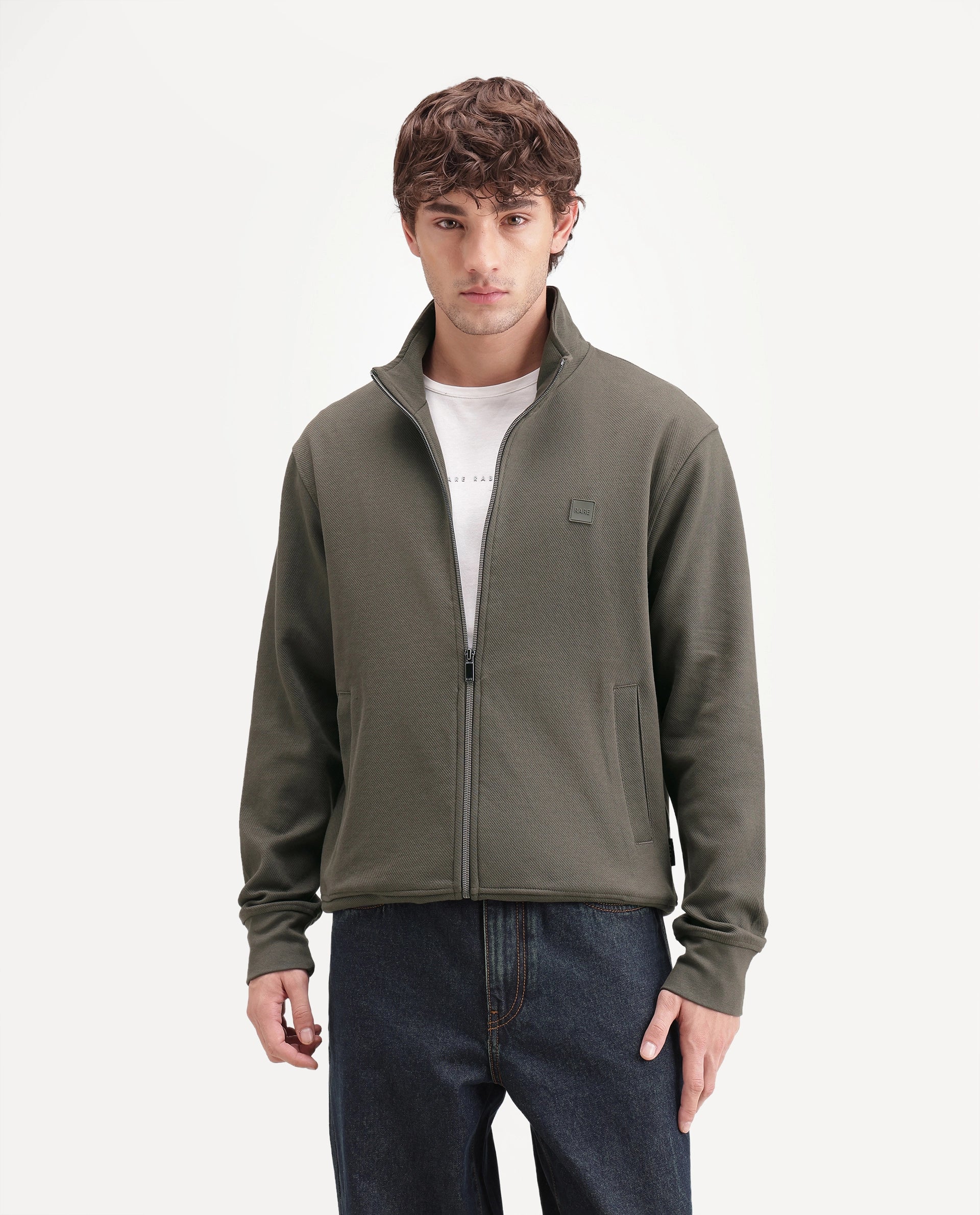 Rare Rabbit Men's Costo-J-A26 Olive Cotton Blend High Neck Regular Plain Sweatshirt