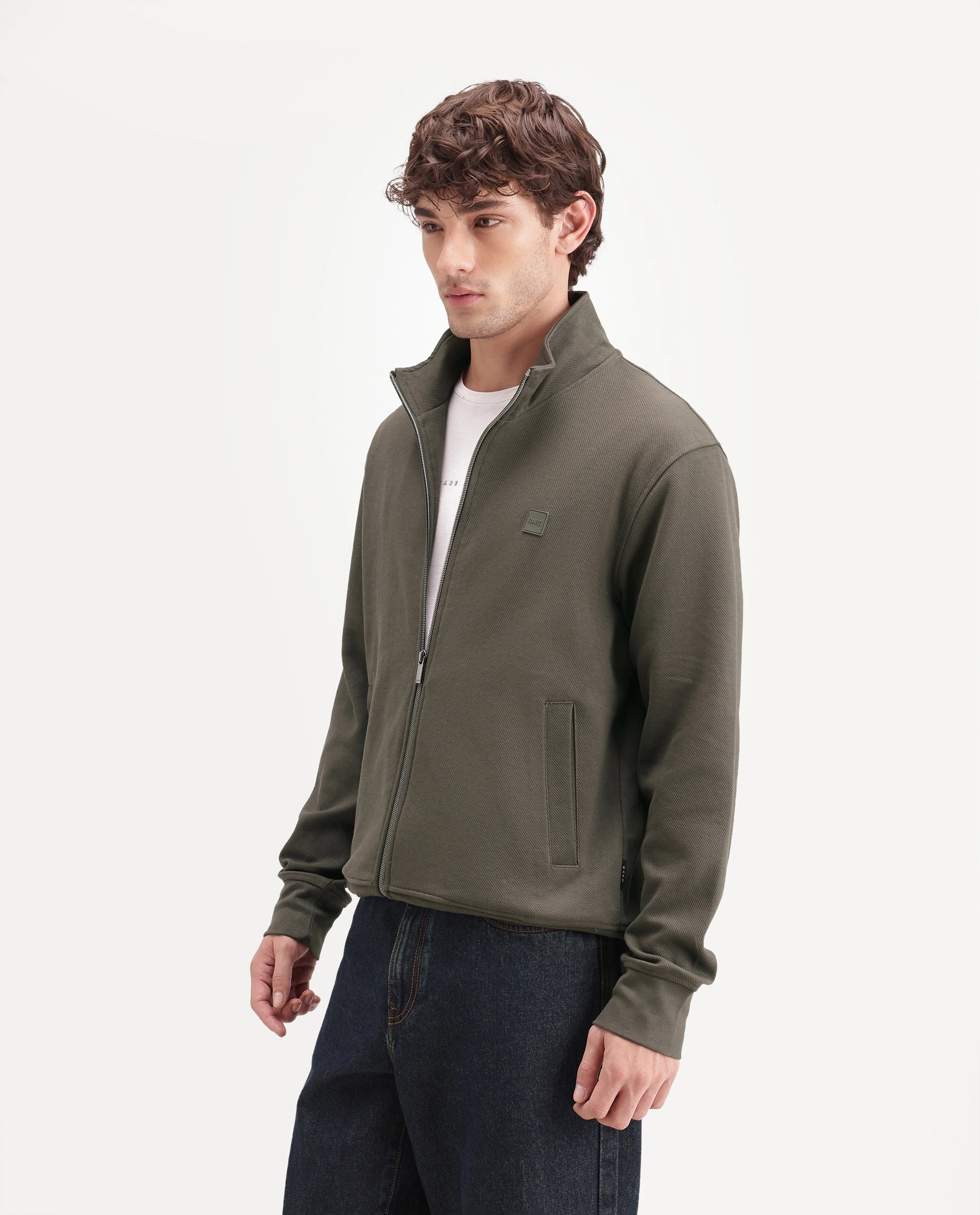 Rare Rabbit Men's Costo-J-A26 Olive Cotton Blend High Neck Regular Plain Sweatshirt